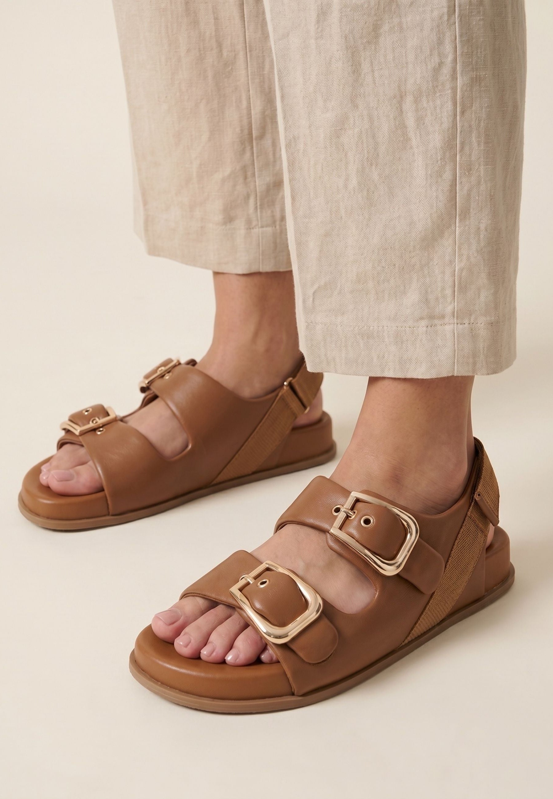 Bold Buckle Wedge Sandals - Beige