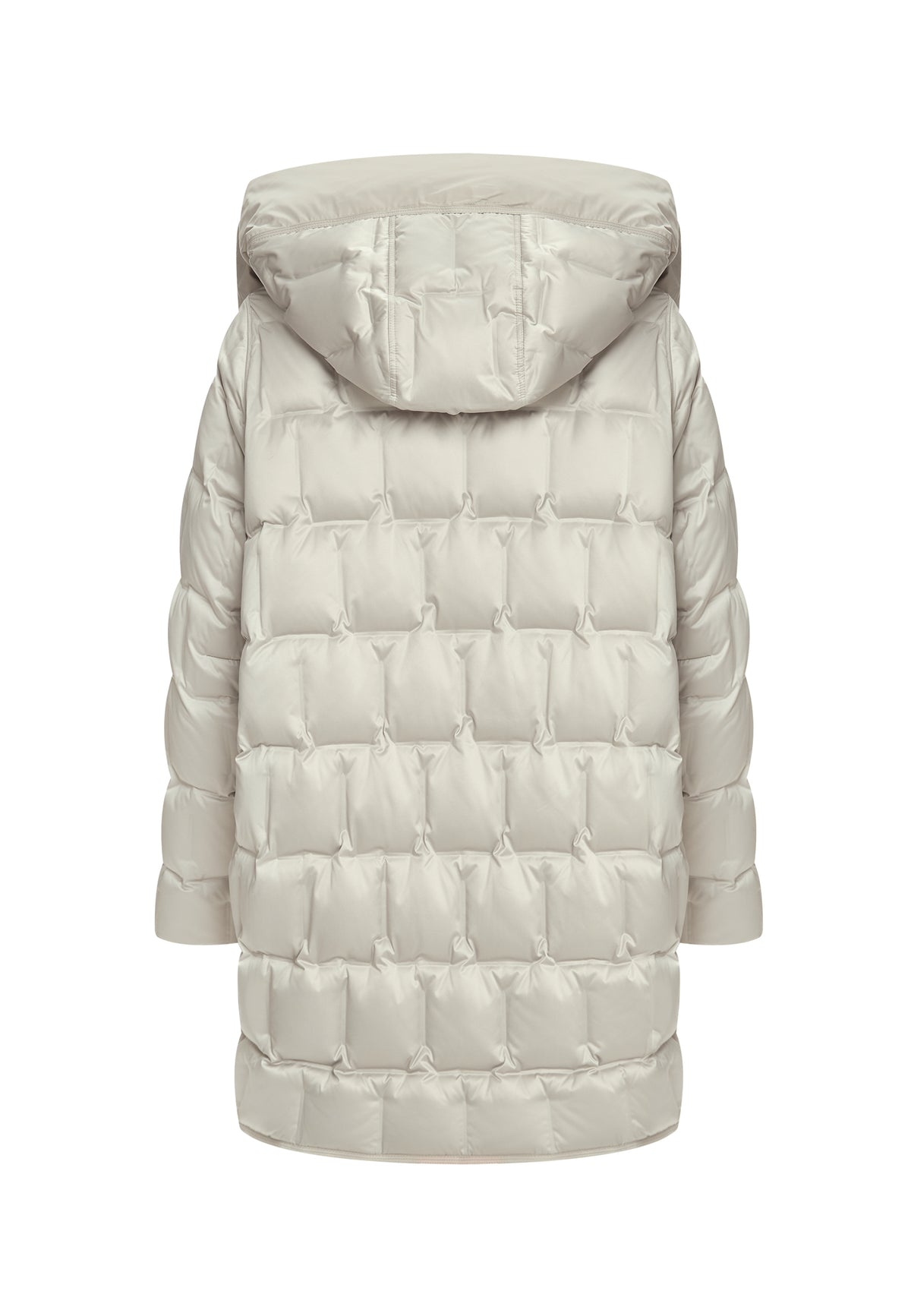 Mellemlang dunforet jakke med hætte – Beige