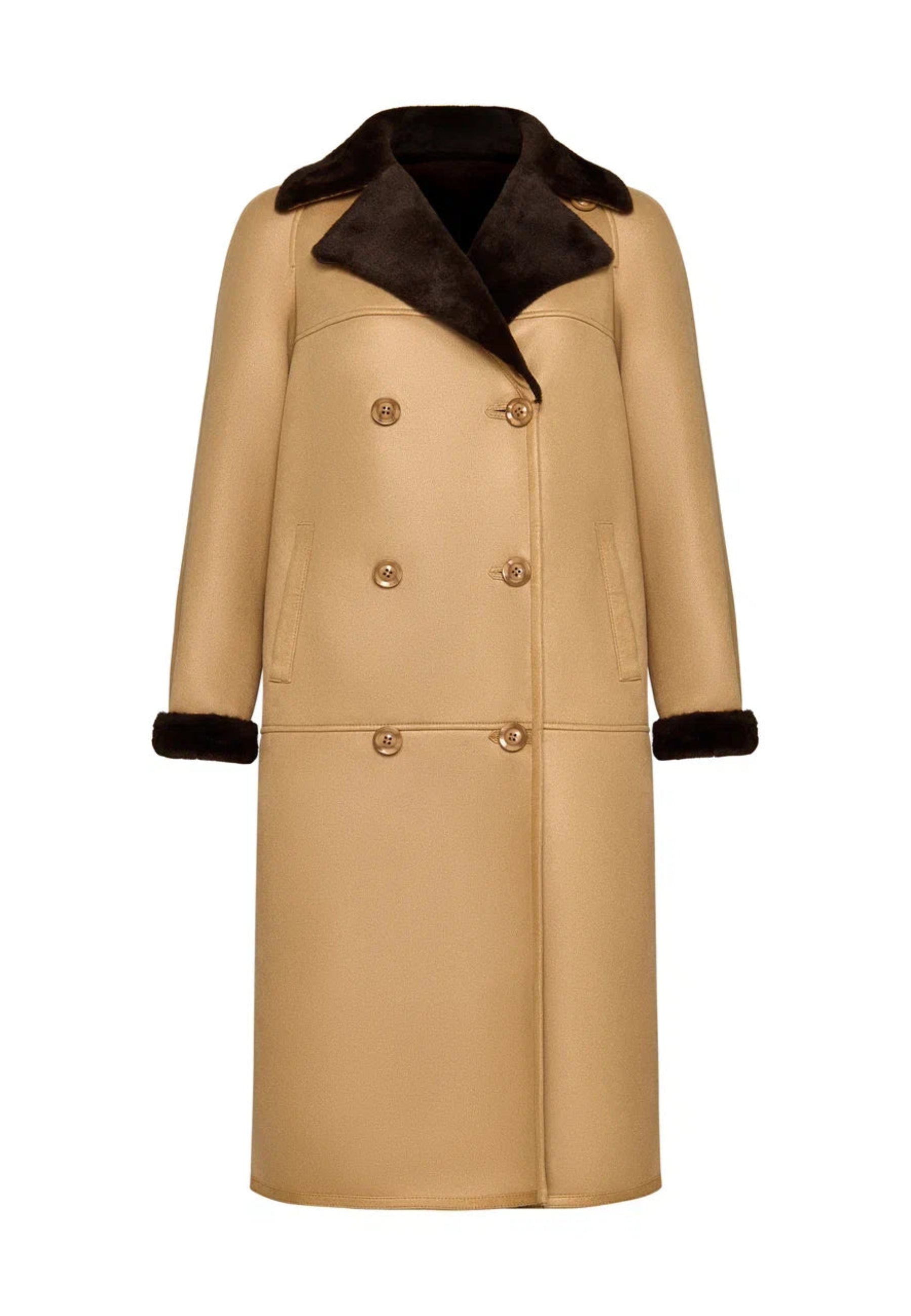 Button-Up Faux Reversible Long Coat - Light Brown