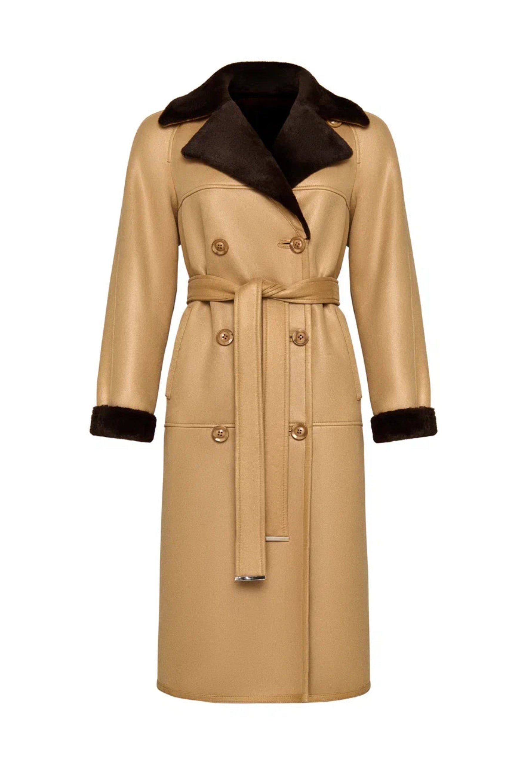 Button-Up Faux Reversible Long Coat - Light Brown