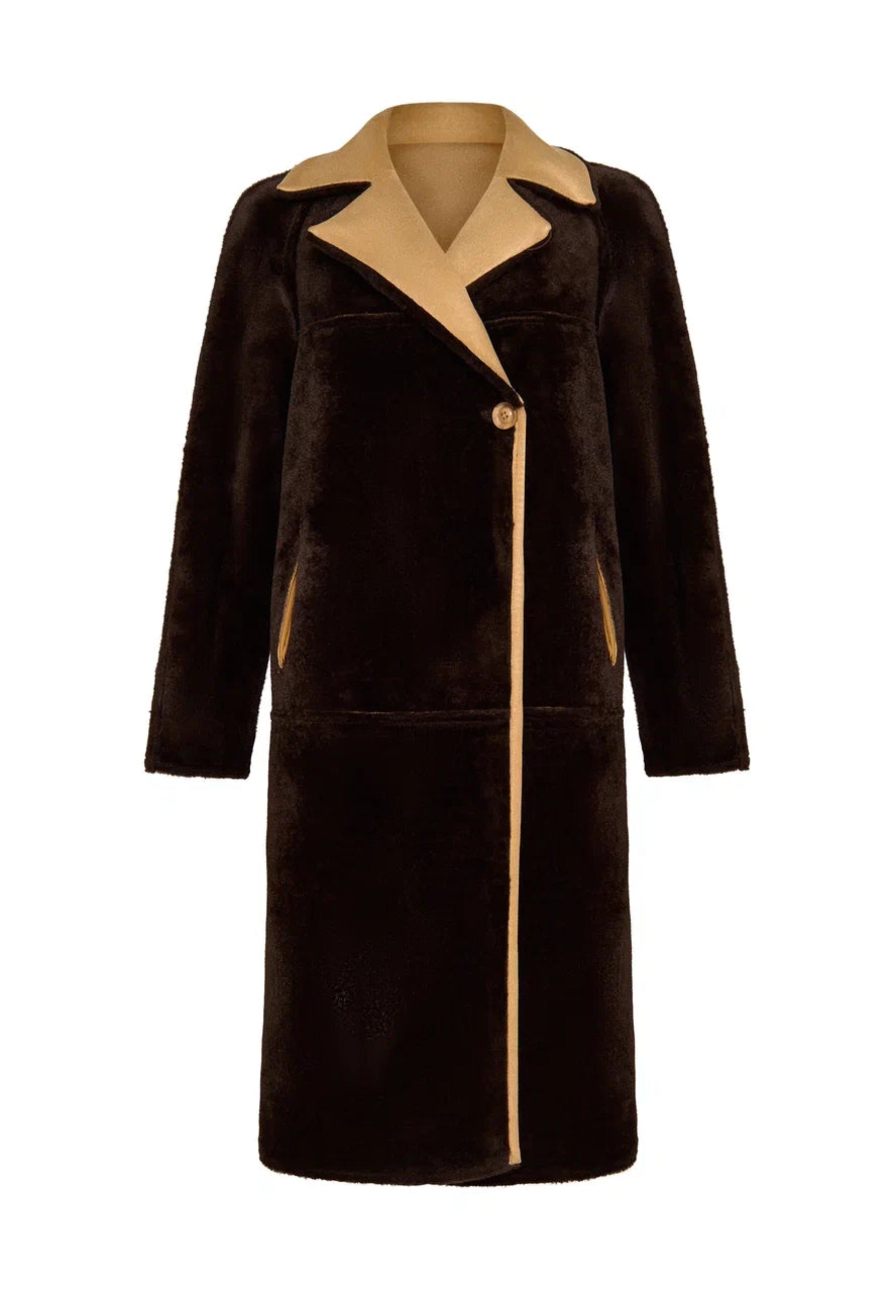 Button-Up Faux Reversible Long Coat - Light Brown