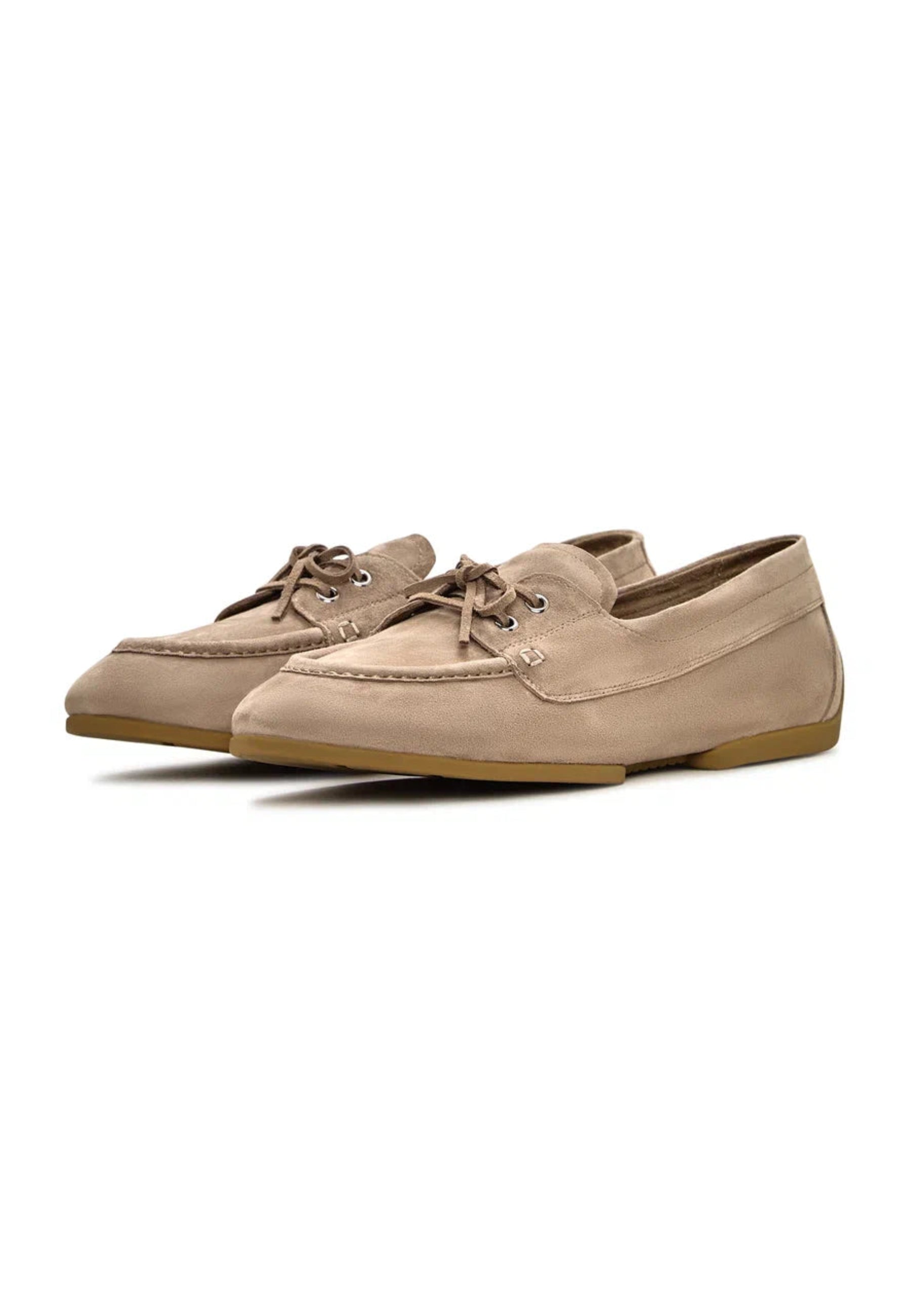 Suede Lace-Up Loafers - Beige