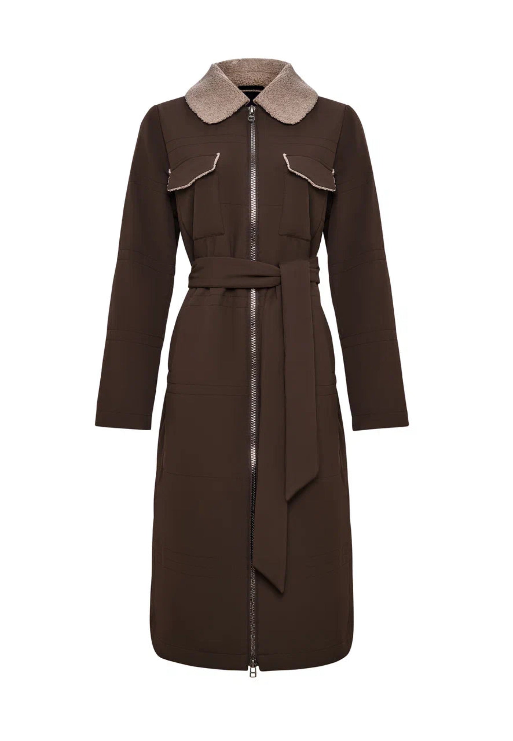 Belted Long Coat with Shearling Collar