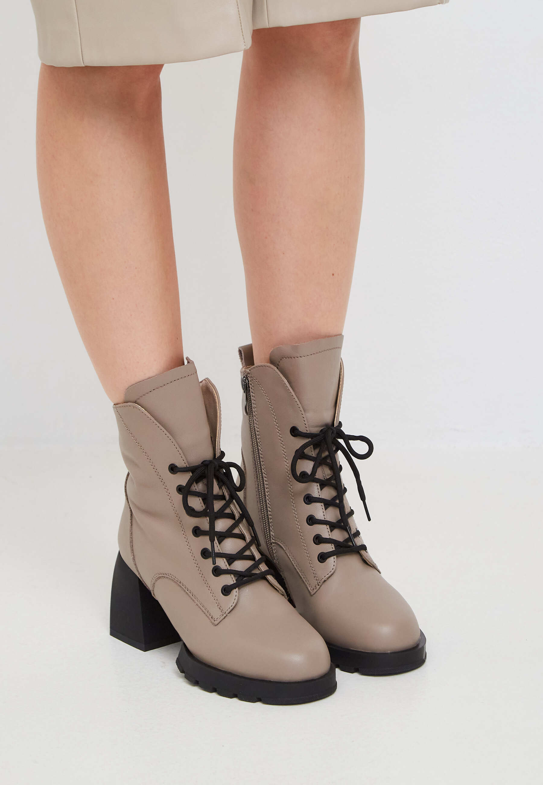 Beige Lace-Up Ankle Boots with Block Heel - Modern & Comfortable