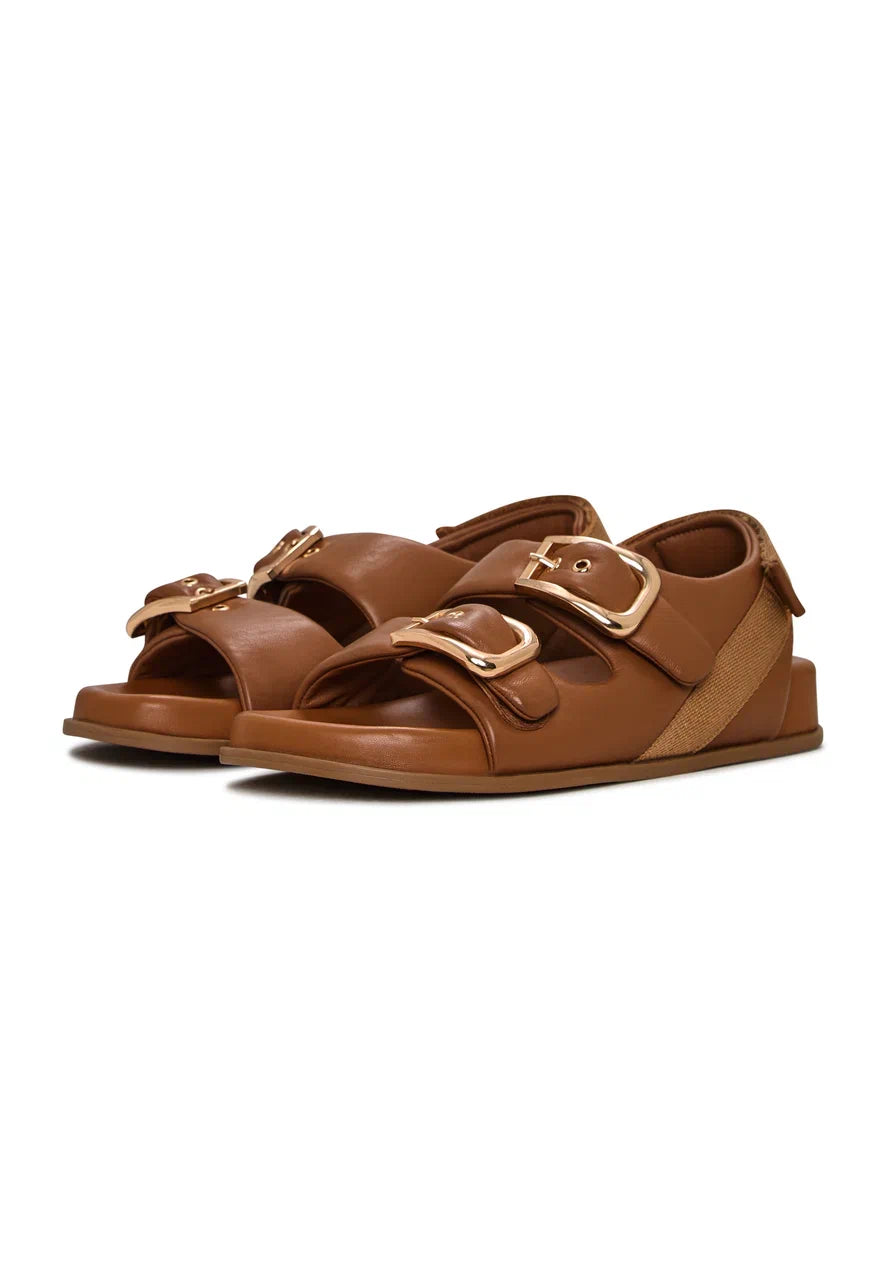 Bold Buckle Wedge Sandals - Beige