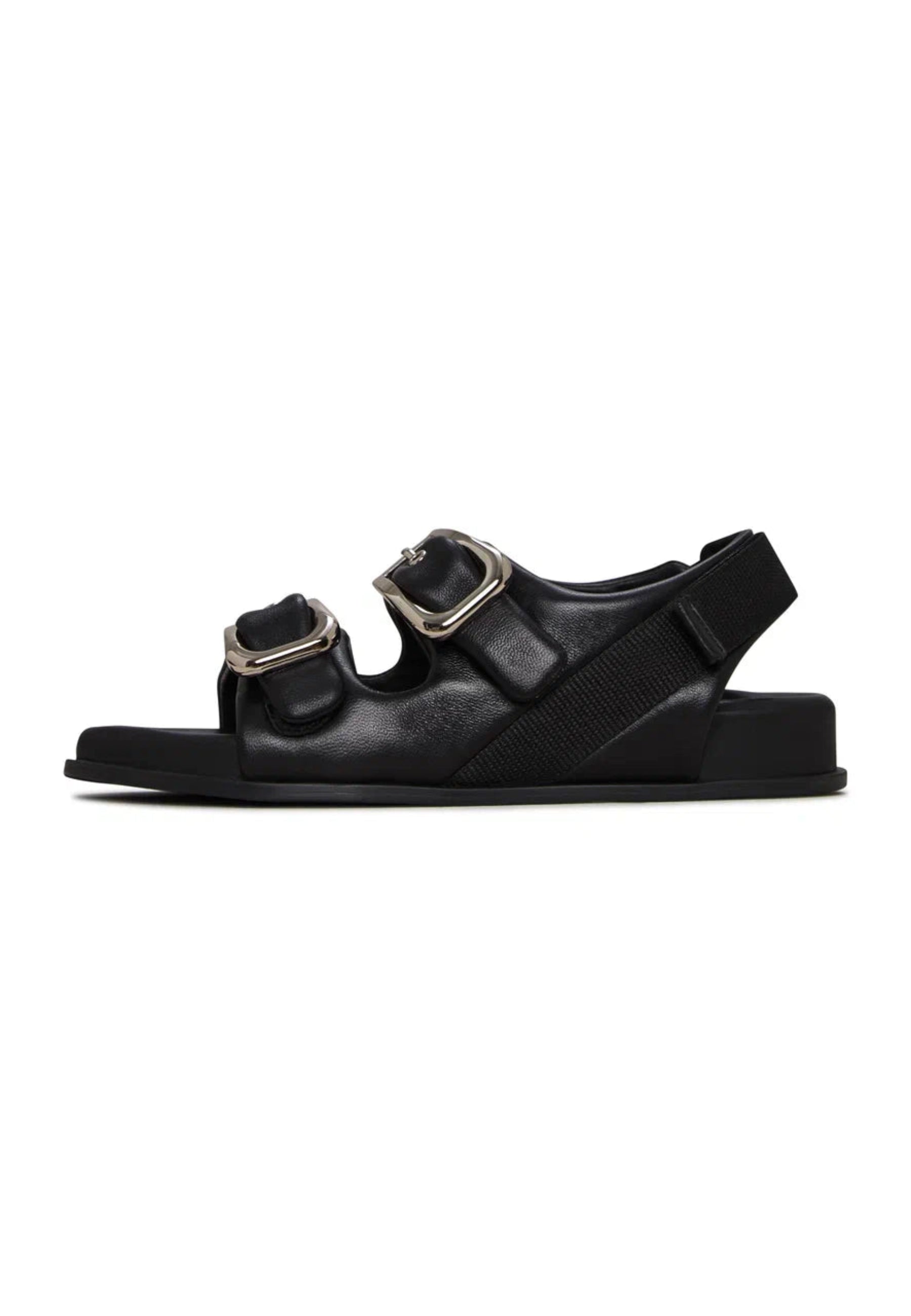 Bold Buckle Wedge Sandals - Black