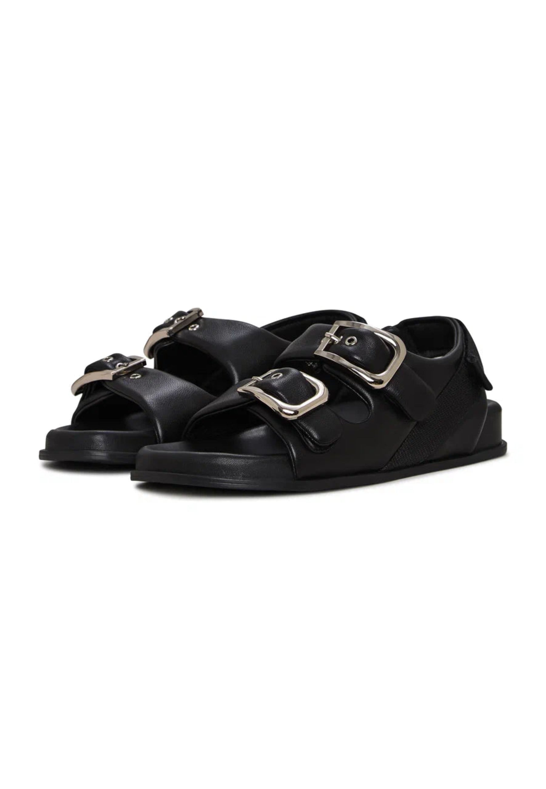 Bold Buckle Wedge Sandals - Black