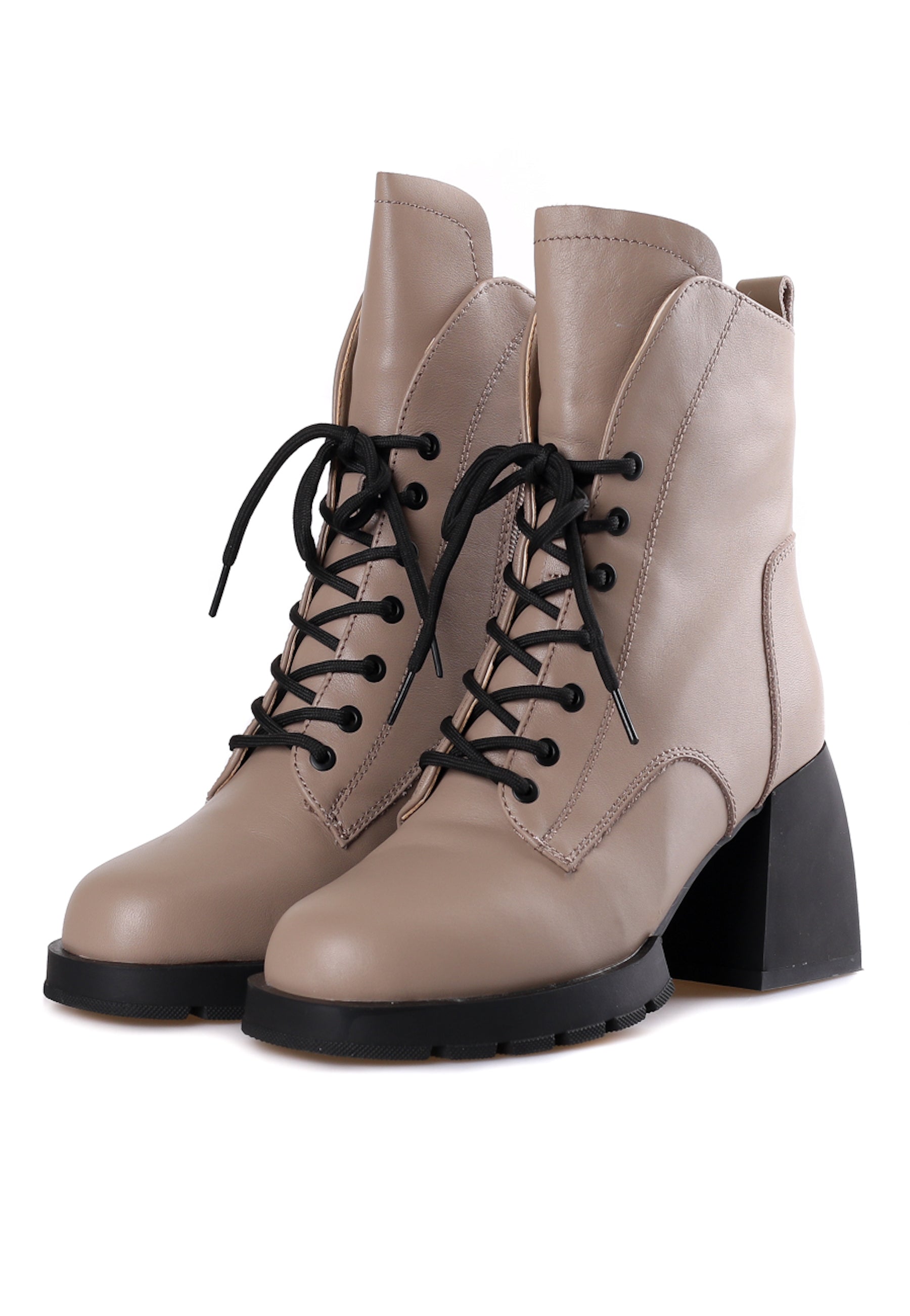 Beige Lace-Up Ankle Boots with Block Heel - Modern & Comfortable