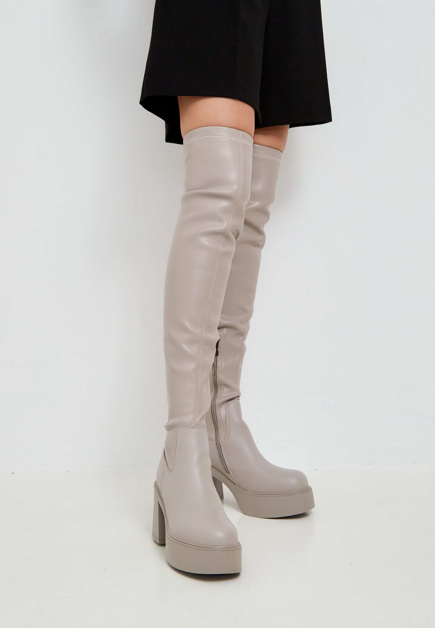 Platform Over-The-Knee Boots - Beige