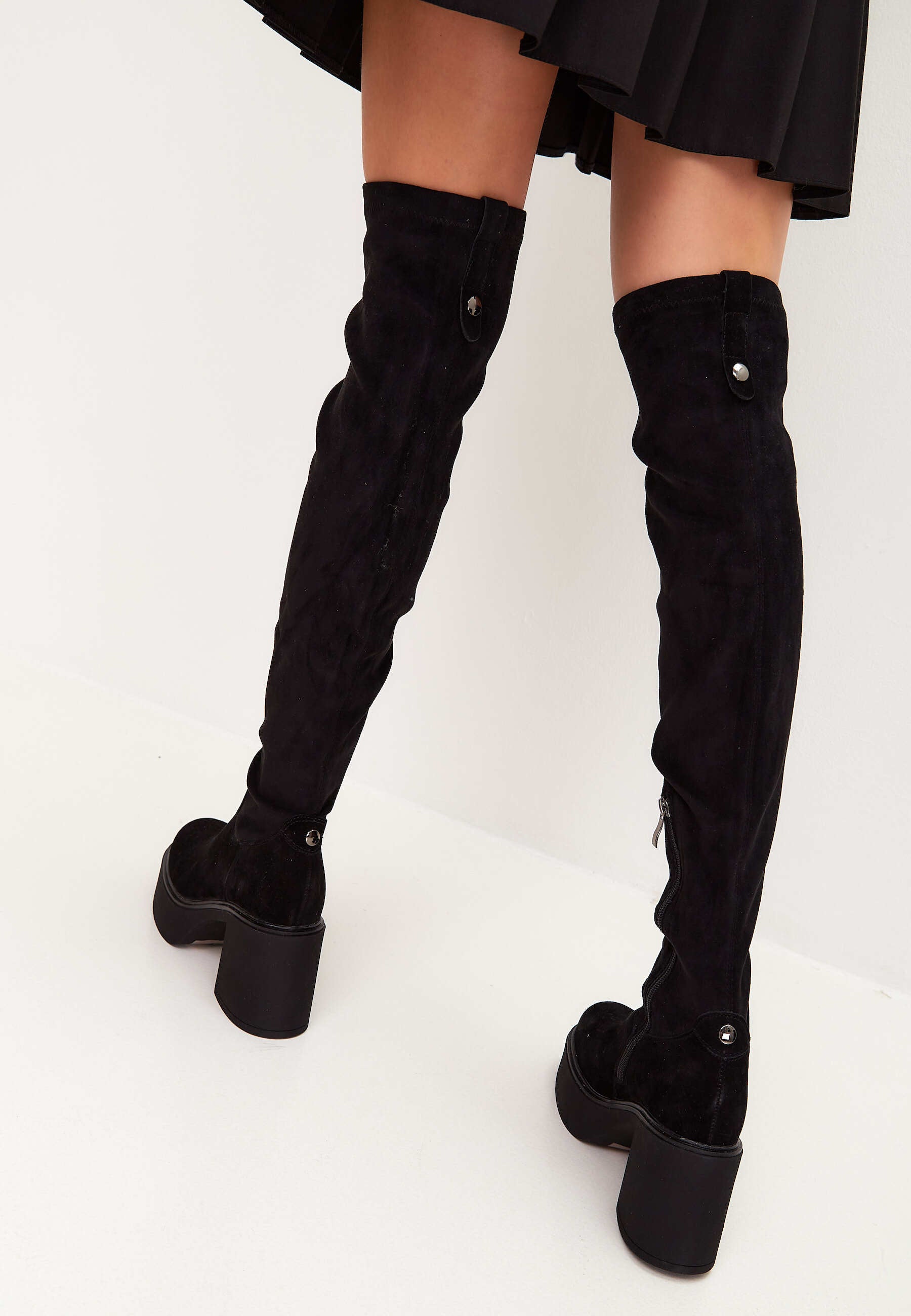 Platform Over-The-Knee Boots - Black Suede