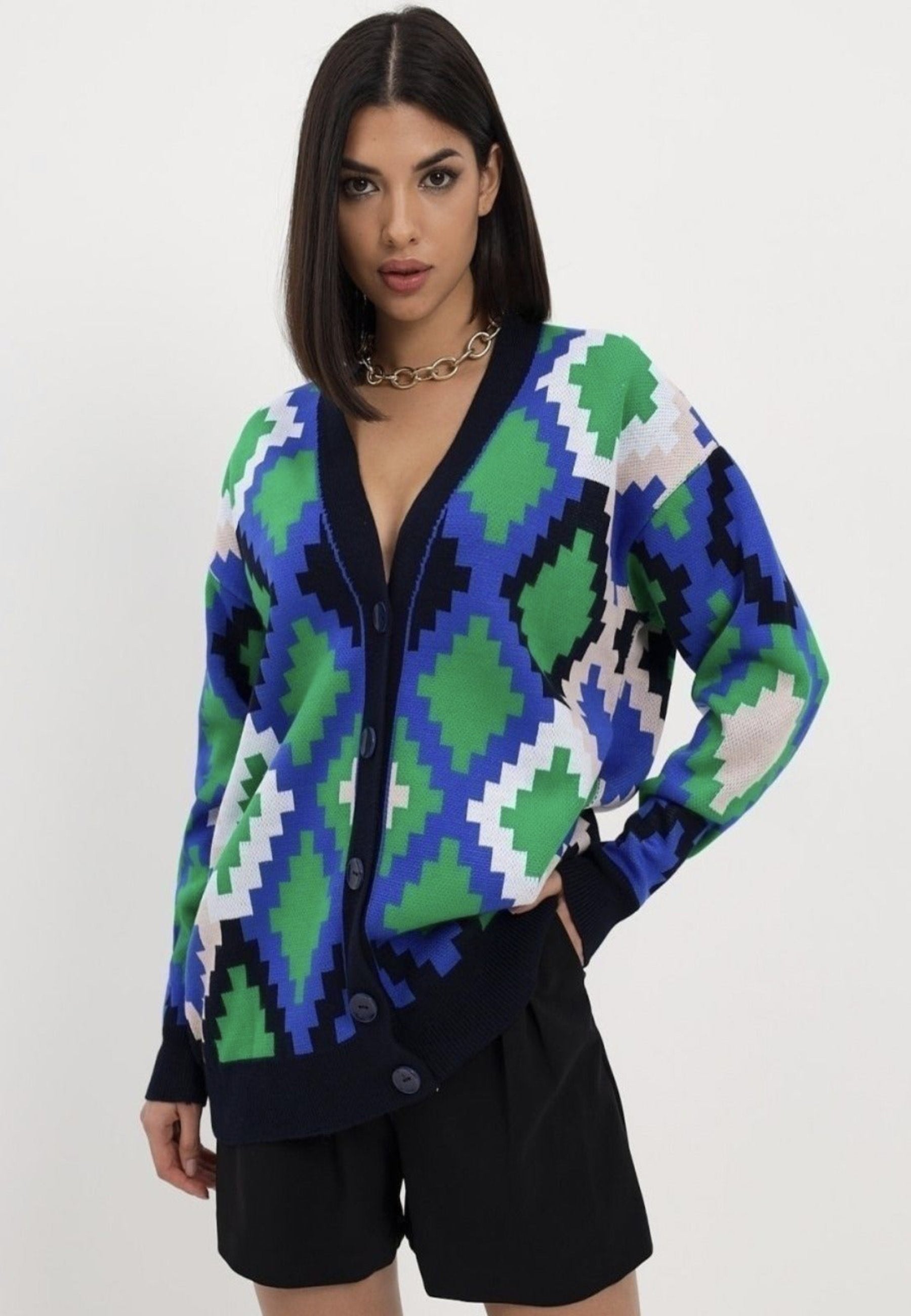 Multicoloured Button-Up Cardigan - Blue