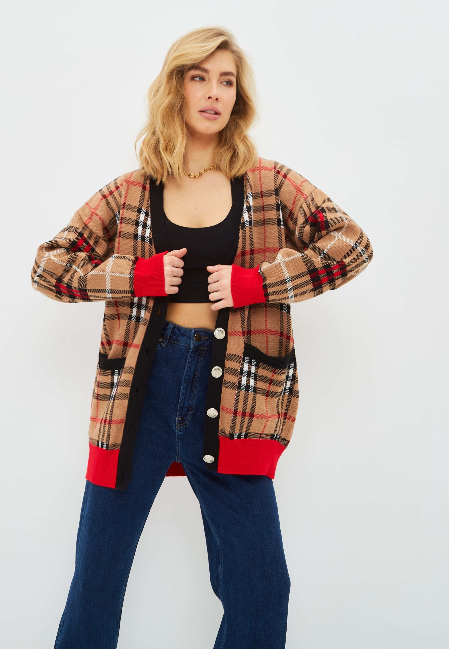 Oversized Plaid Knit Cardigan