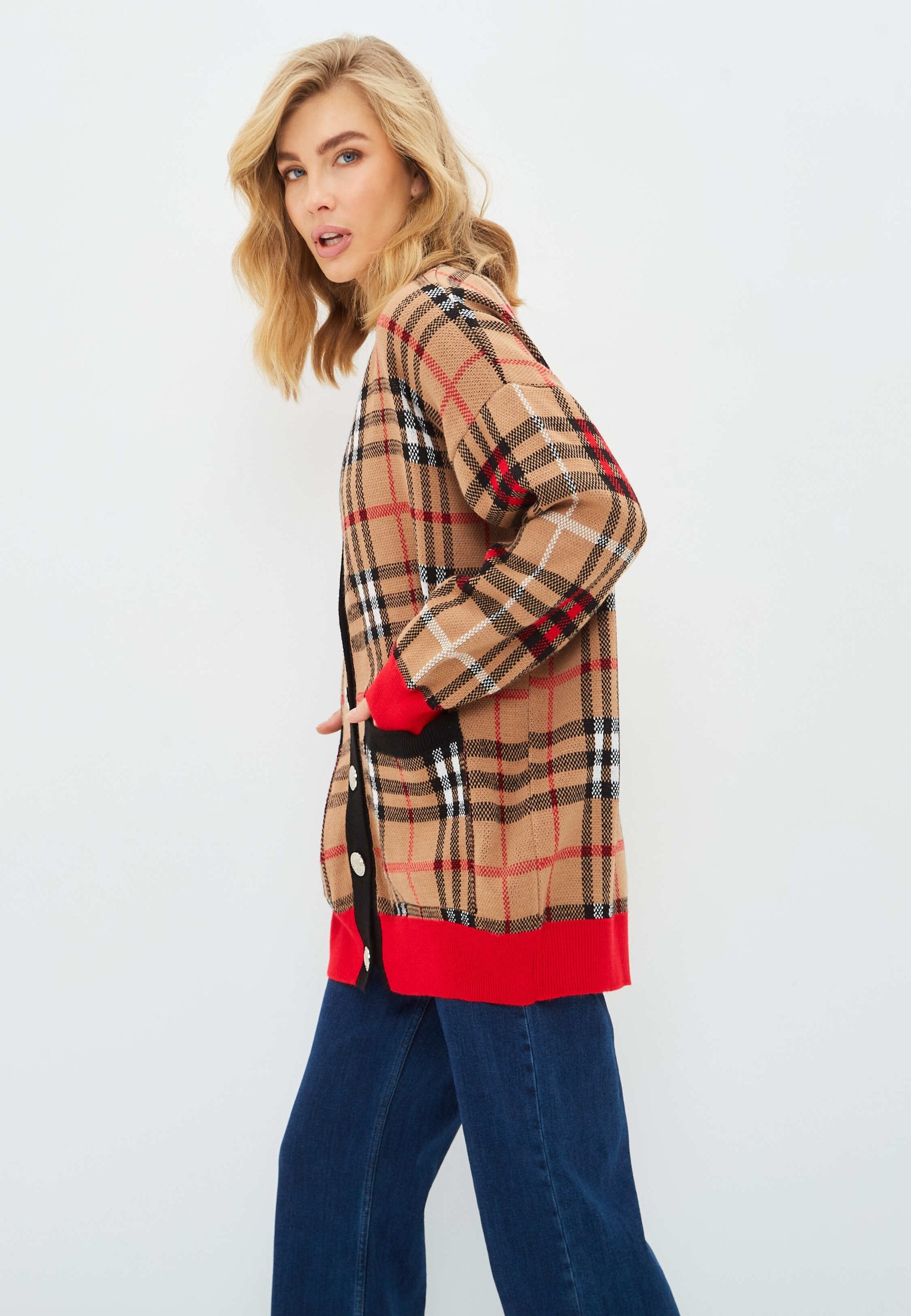 Oversized Plaid Knit Cardigan