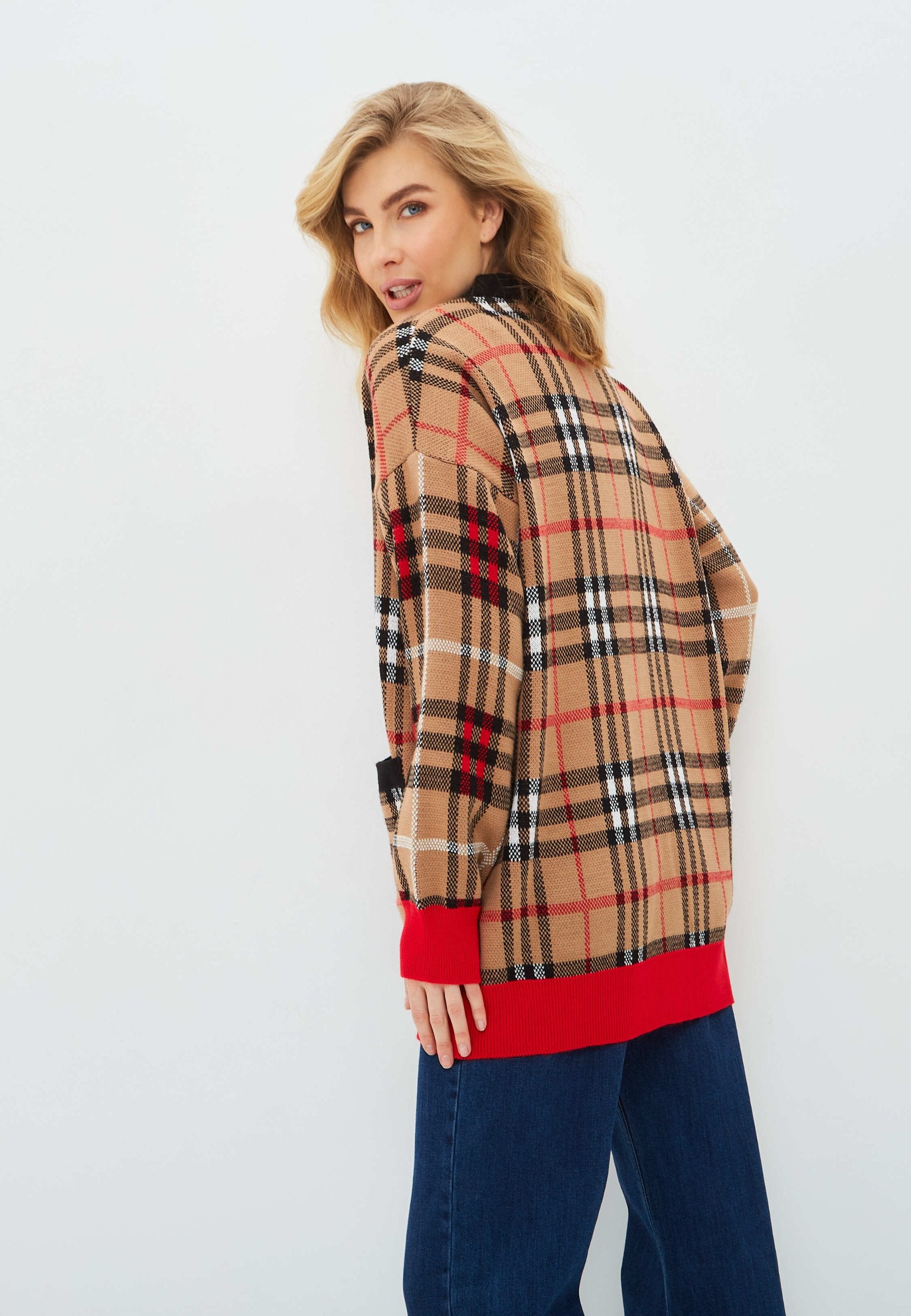 Oversized Plaid Knit Cardigan