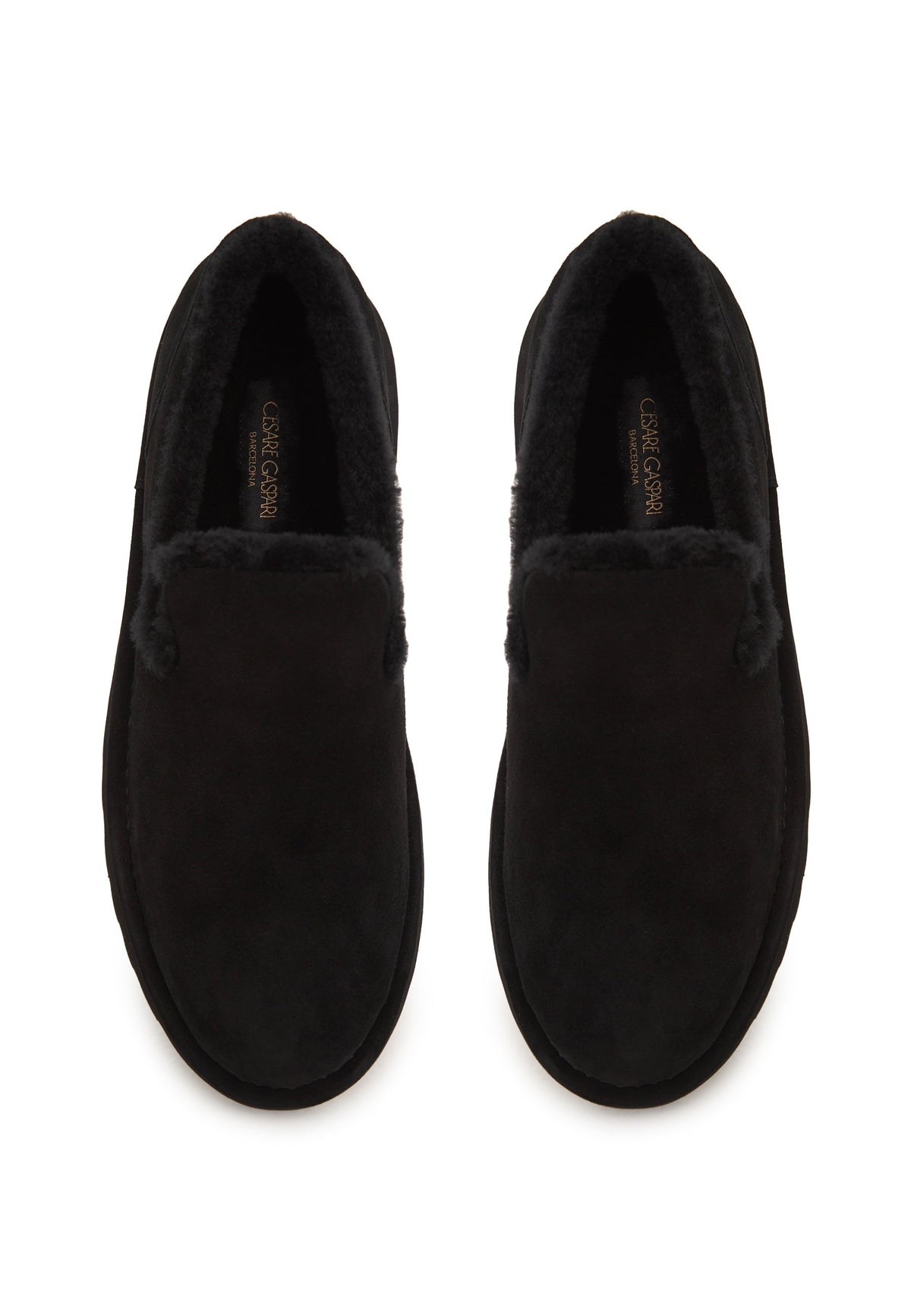 Slip-on loafers i mocka med fårskinnsfoder – Svart