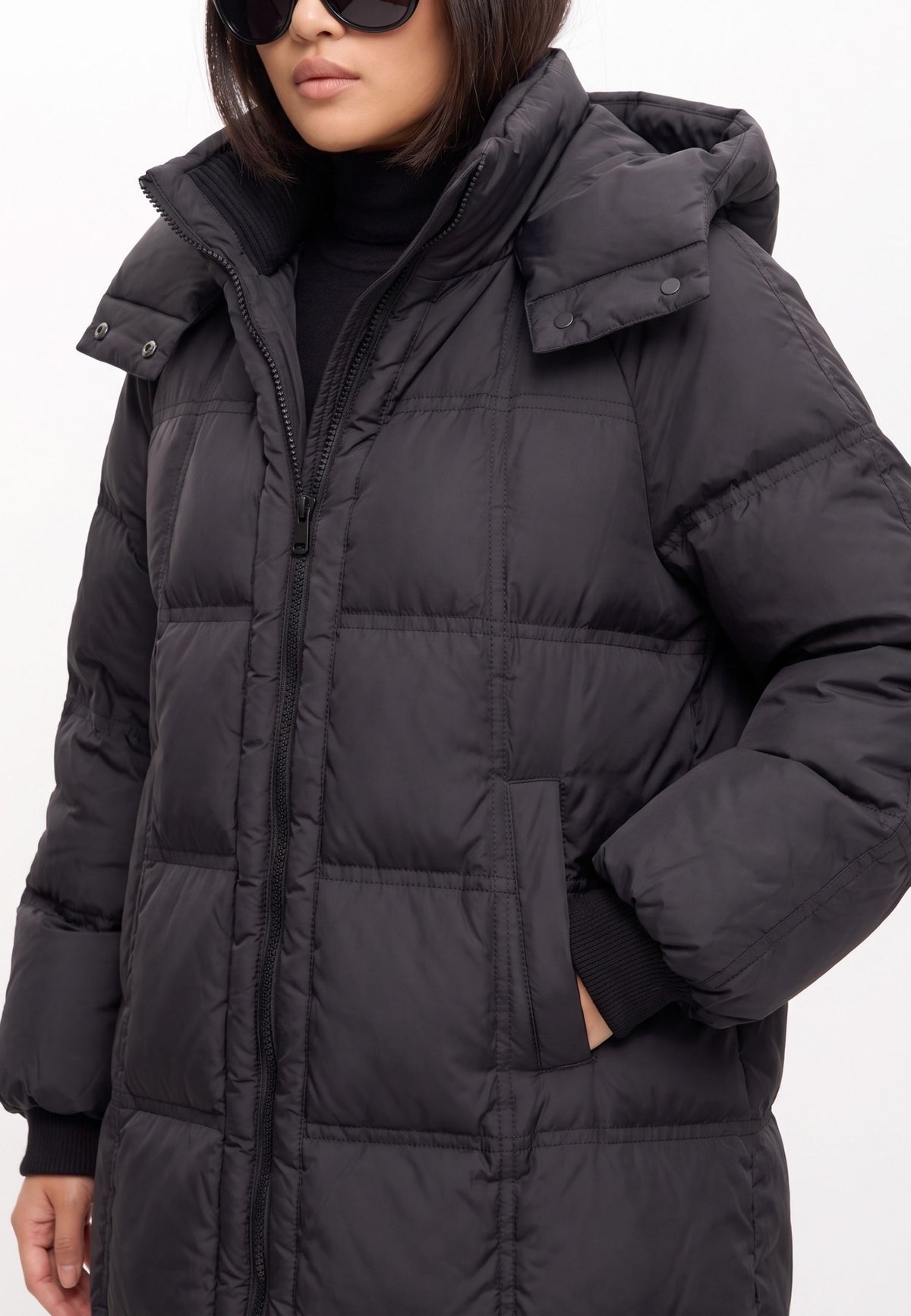 Long Quilted Down Puffer Coat - Black