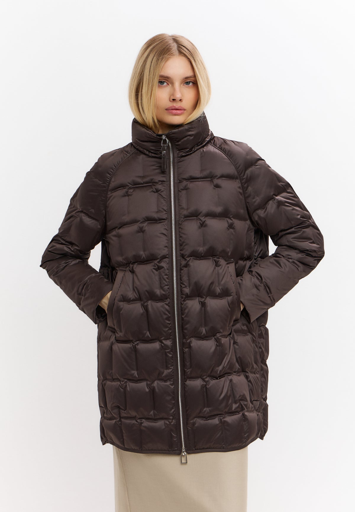 Hooded Mid-Length Down Puffer Coat - Brown
