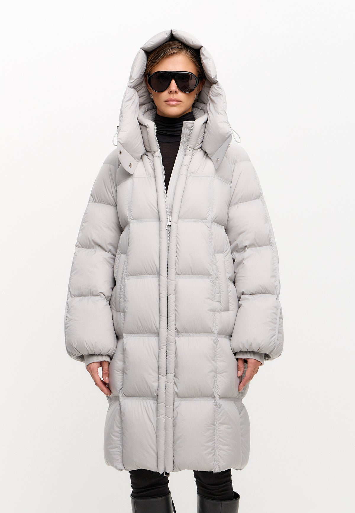 Long Quilted Down Puffer Coat - Grey