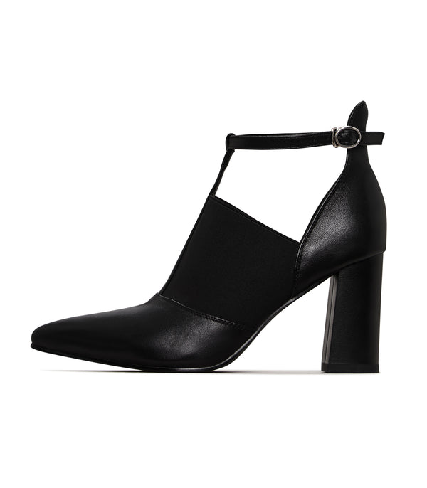 Elevated T-Strap Block Heels - Patent Black