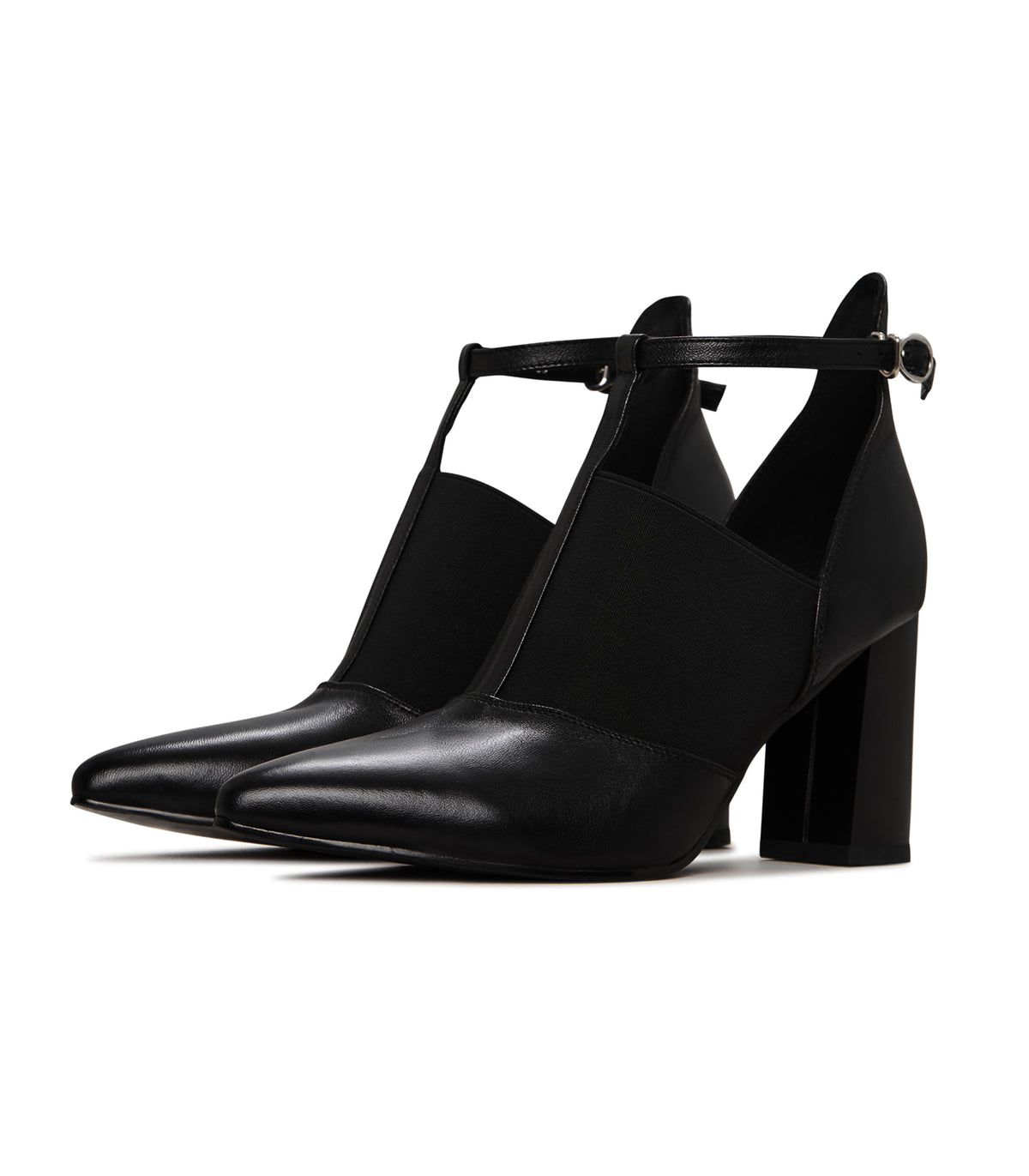 Elevated T-Strap Block Heels - Patent Black