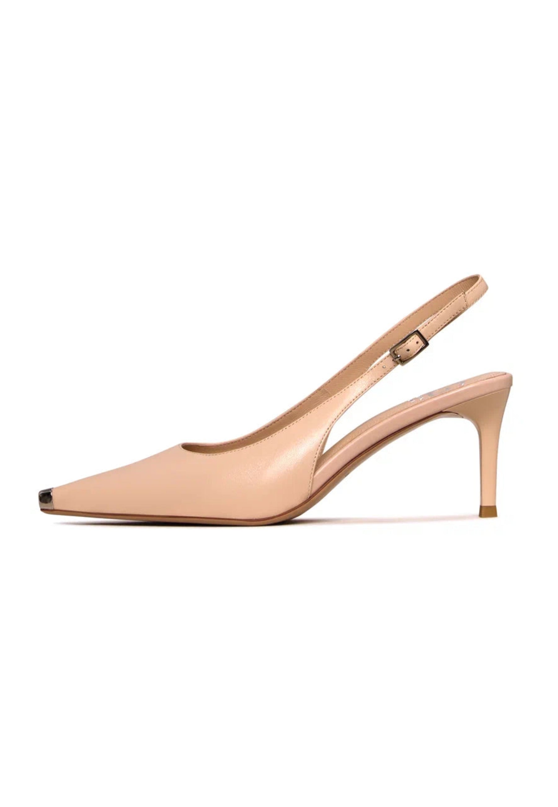 Metal Accent Leather Pumps - Beige