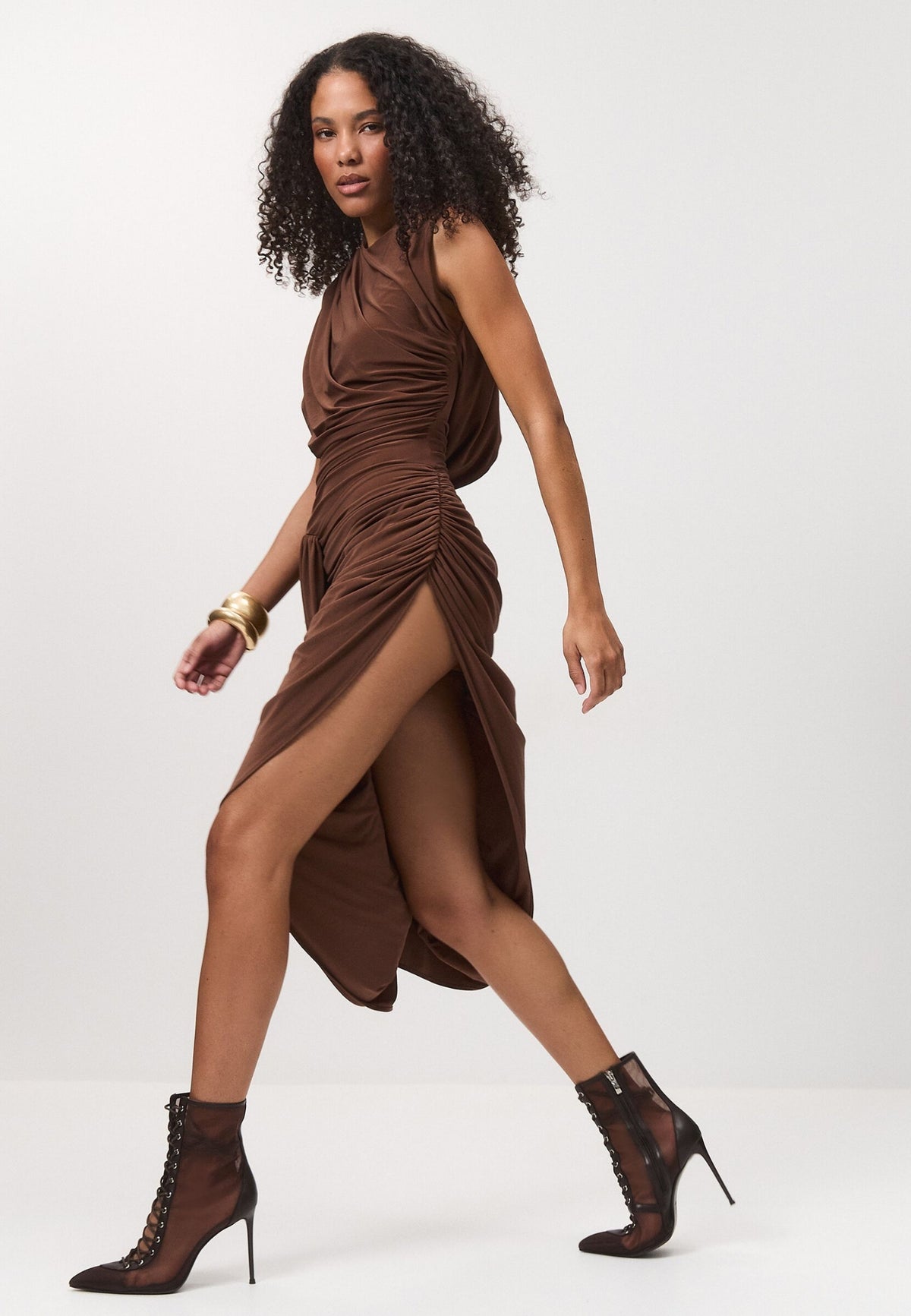 Sheer Lace-Up Stiletto Ankle Boots – Brown