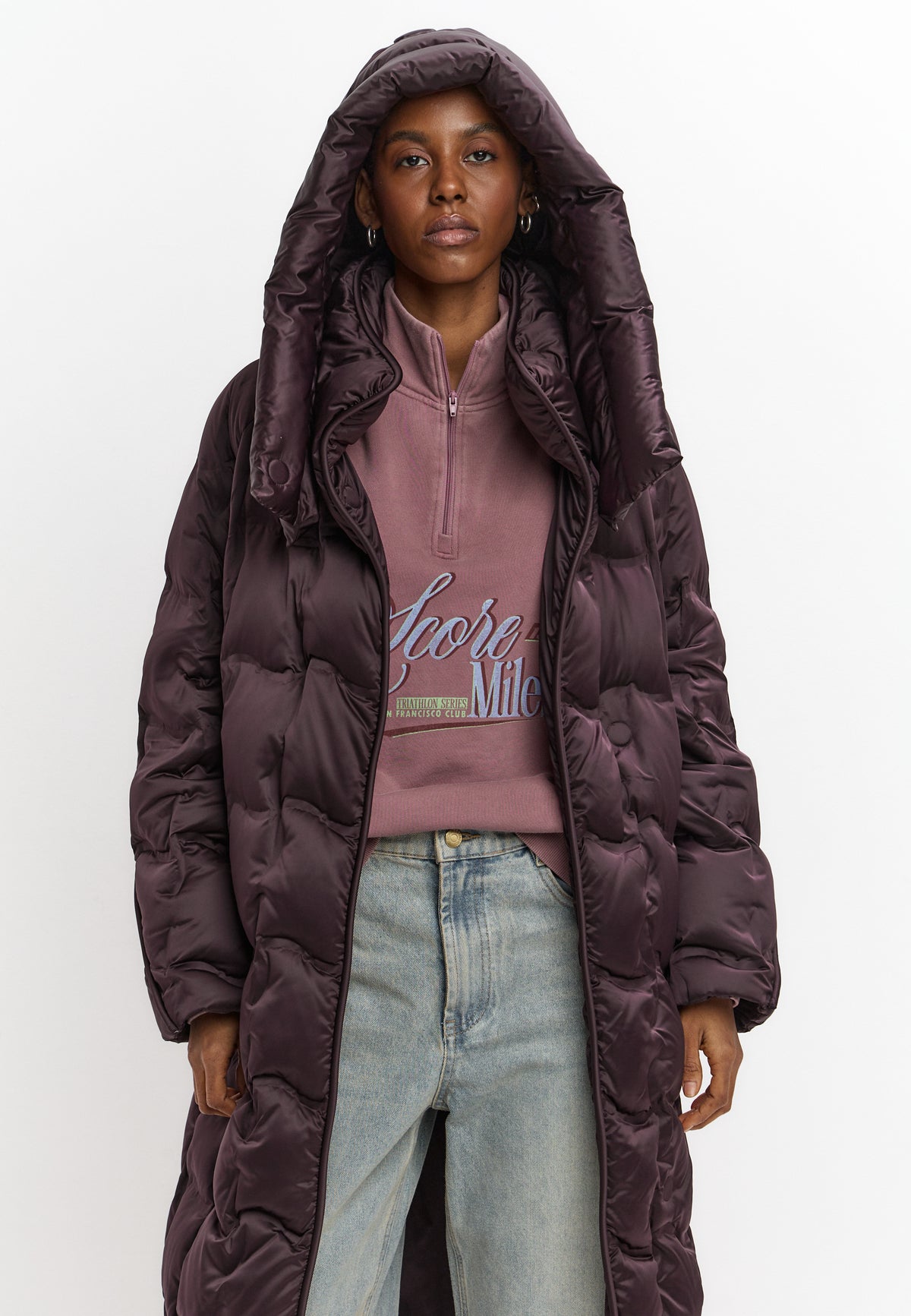 Manteau long matelassé à capuche – Violet