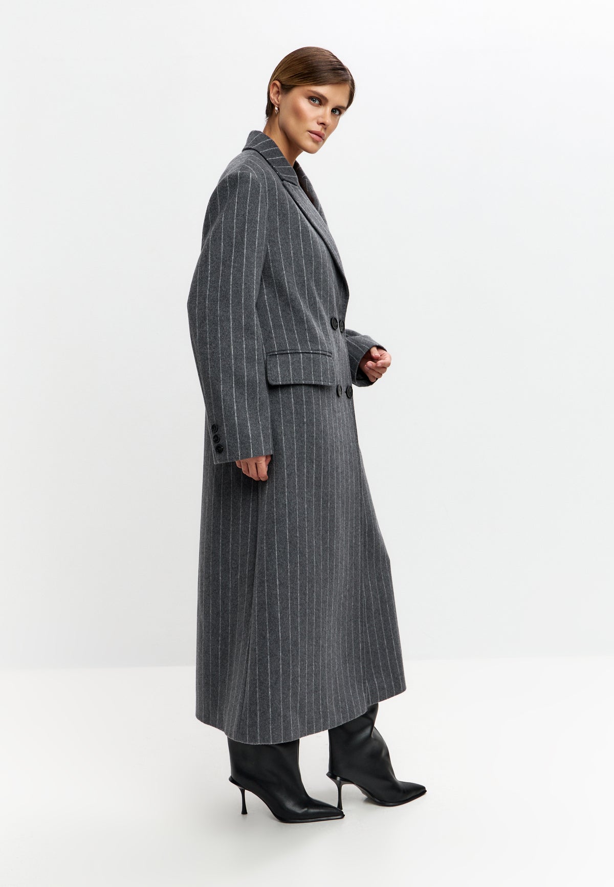 Pinstripe Wool Blend Long Coat
