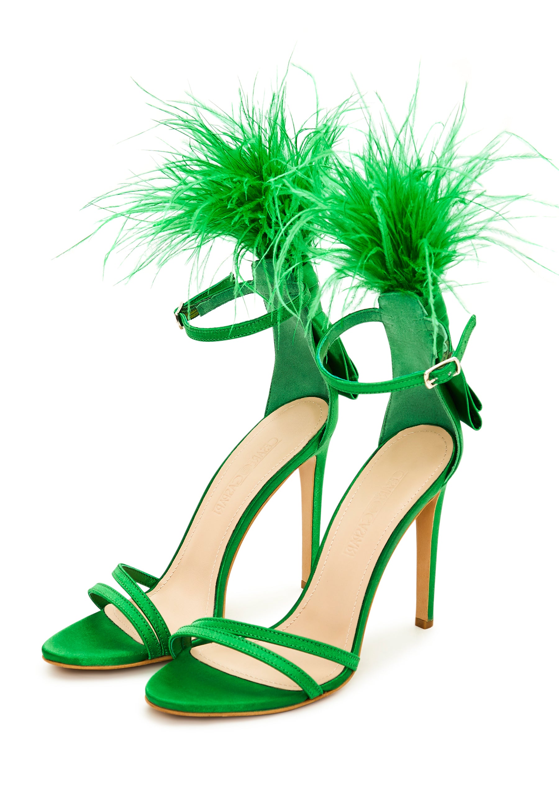 Elegant Feathered Ankle Strap Luxury High Heel Sandals - Green