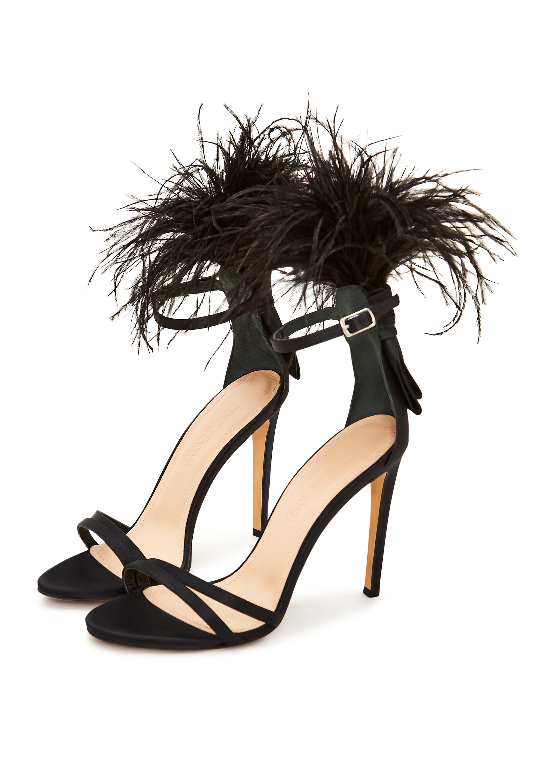 Elegant Black Feathered Ankle Strap Luxury High Heel Sandals - Black