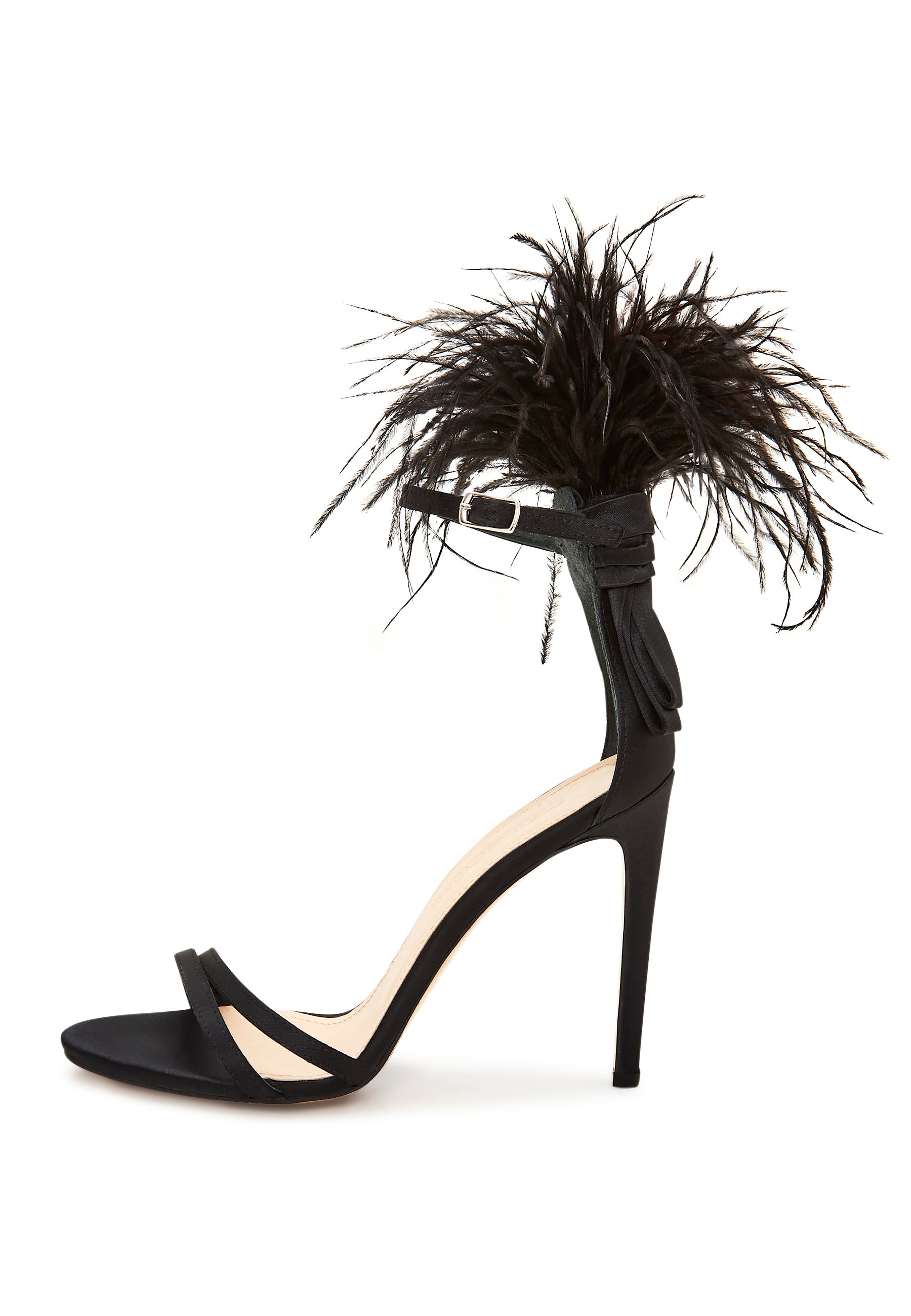 Elegant Black Feathered Ankle Strap Luxury High Heel Sandals - Black