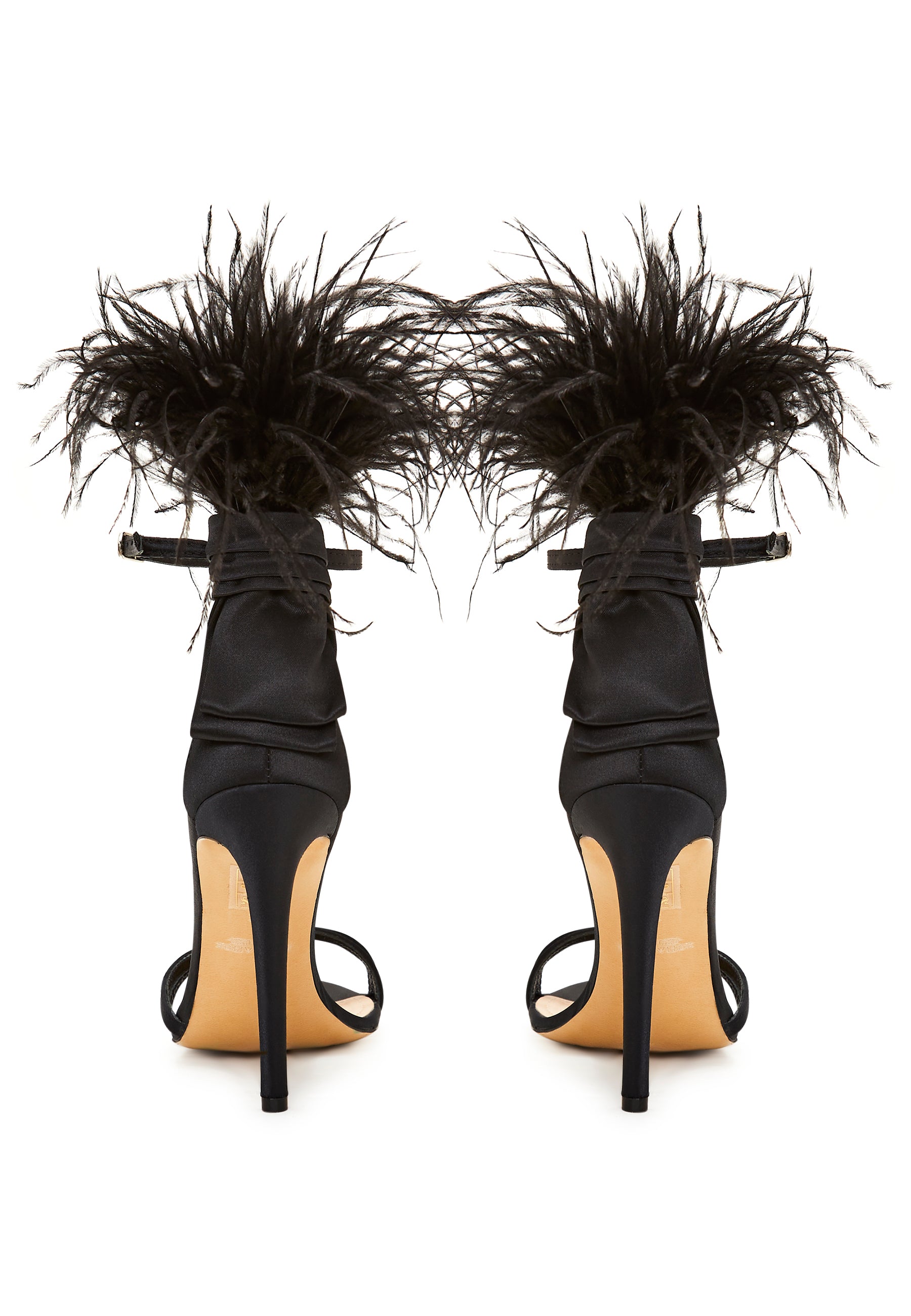 Elegant Black Feathered Ankle Strap Luxury High Heel Sandals - Black