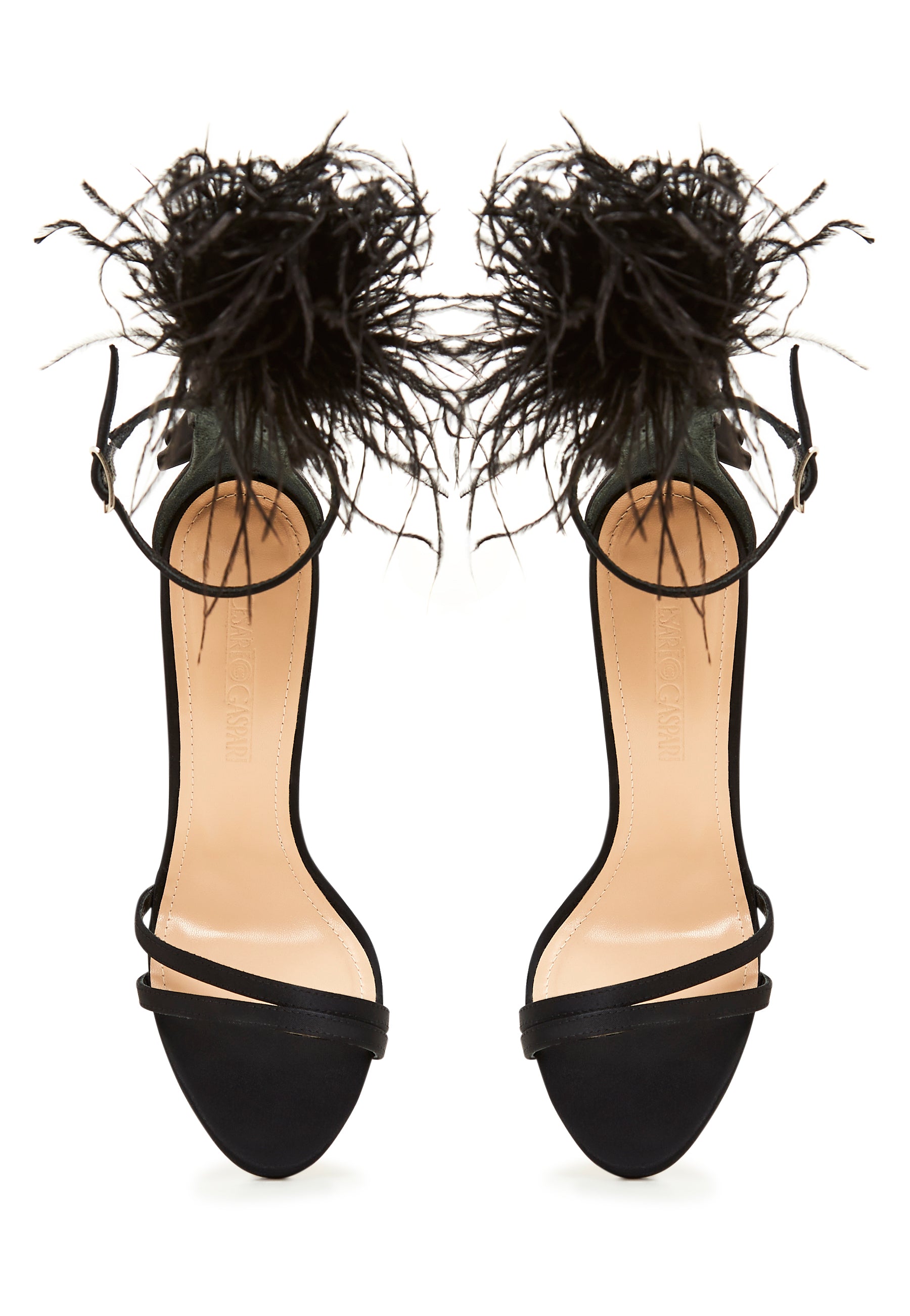 Elegant Black Feathered Ankle Strap Luxury High Heel Sandals - Black