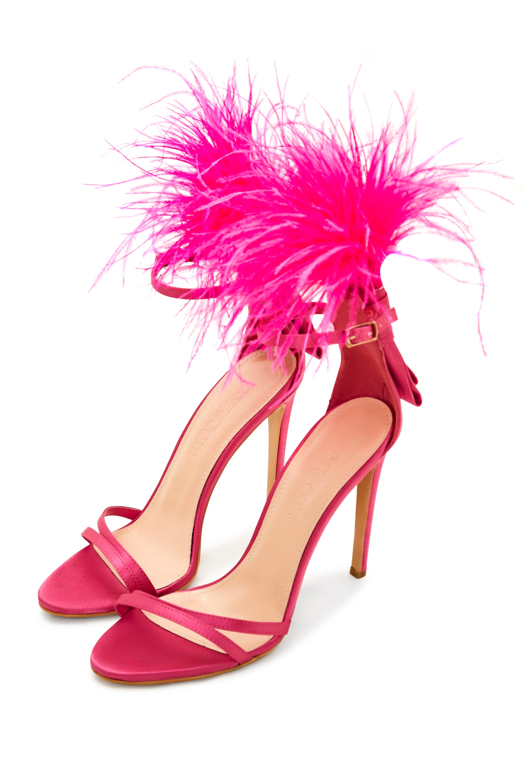 Elegant Black Feathered Ankle Strap Luxury High Heel Sandals - Fushia