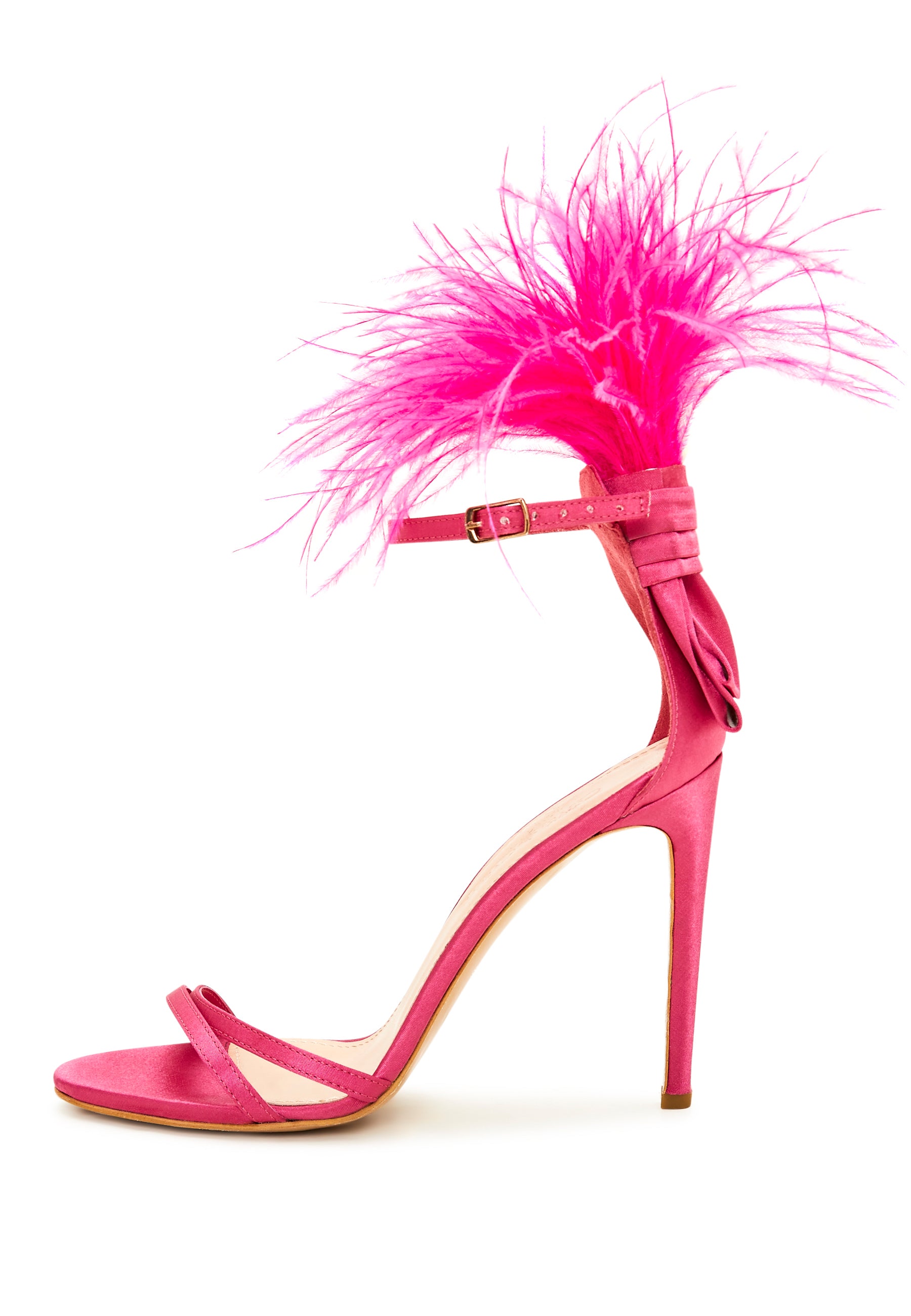 Elegant Black Feathered Ankle Strap Luxury High Heel Sandals - Fushia