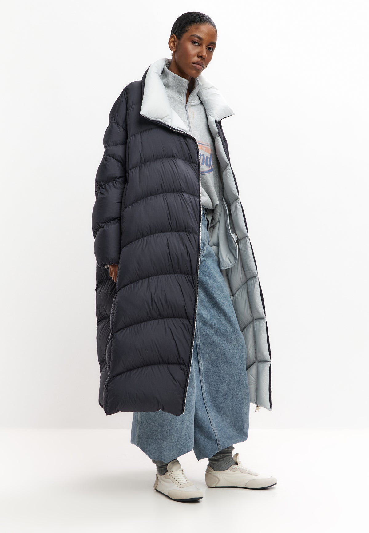 Piumino lungo trapuntato a chevron – Blu
