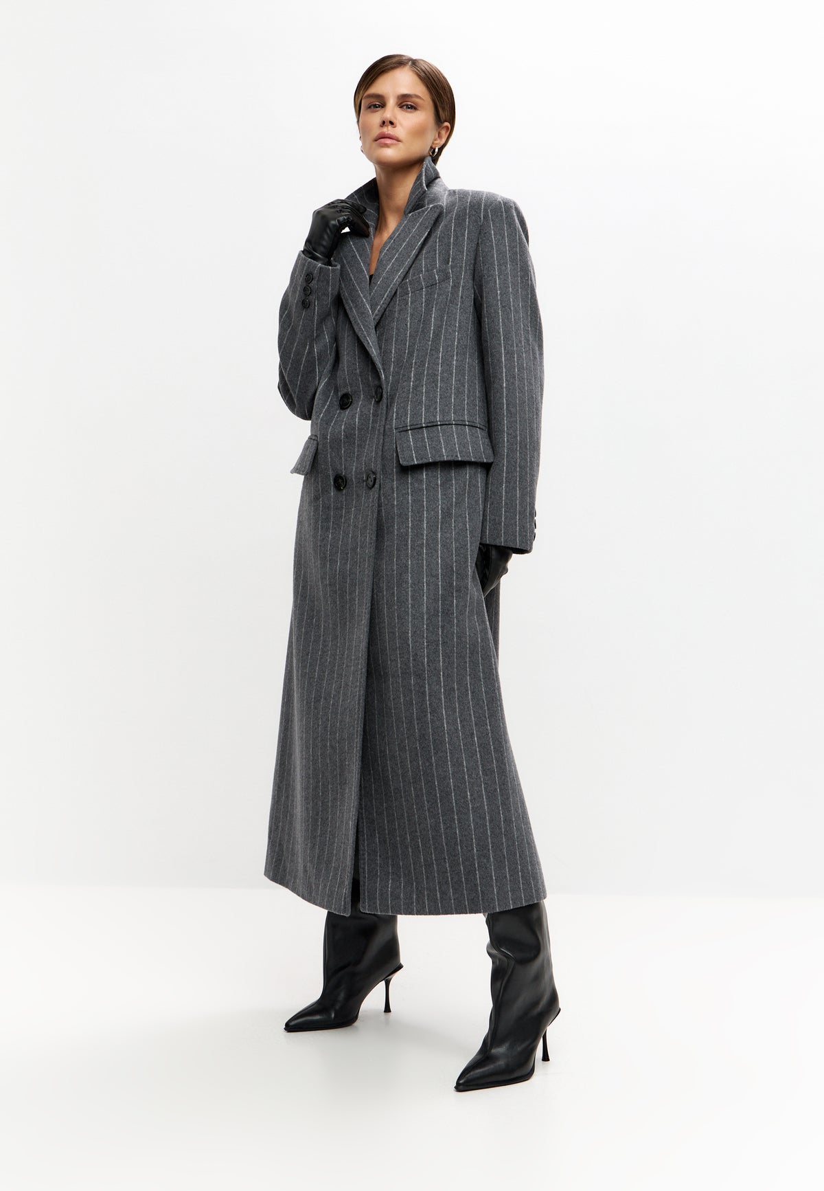 Pinstripe Wool Blend Long Coat