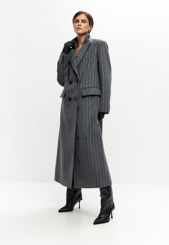 Pinstripe Wool Blend Long Coat