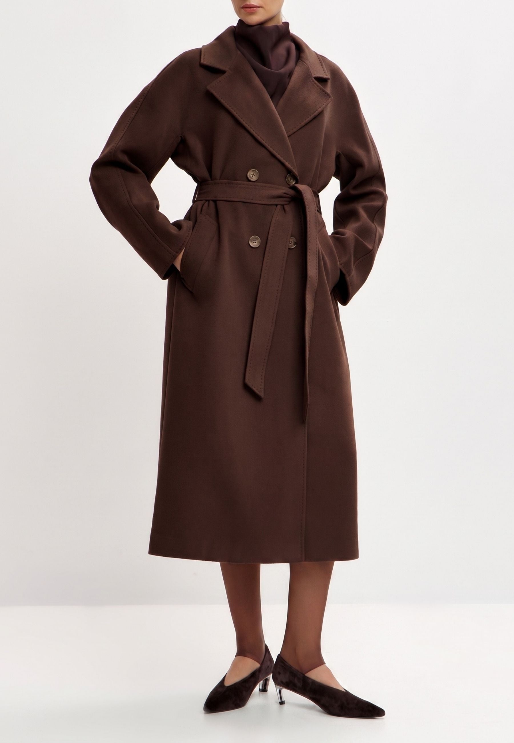 Manteau croisé ceinturé – Chocolat