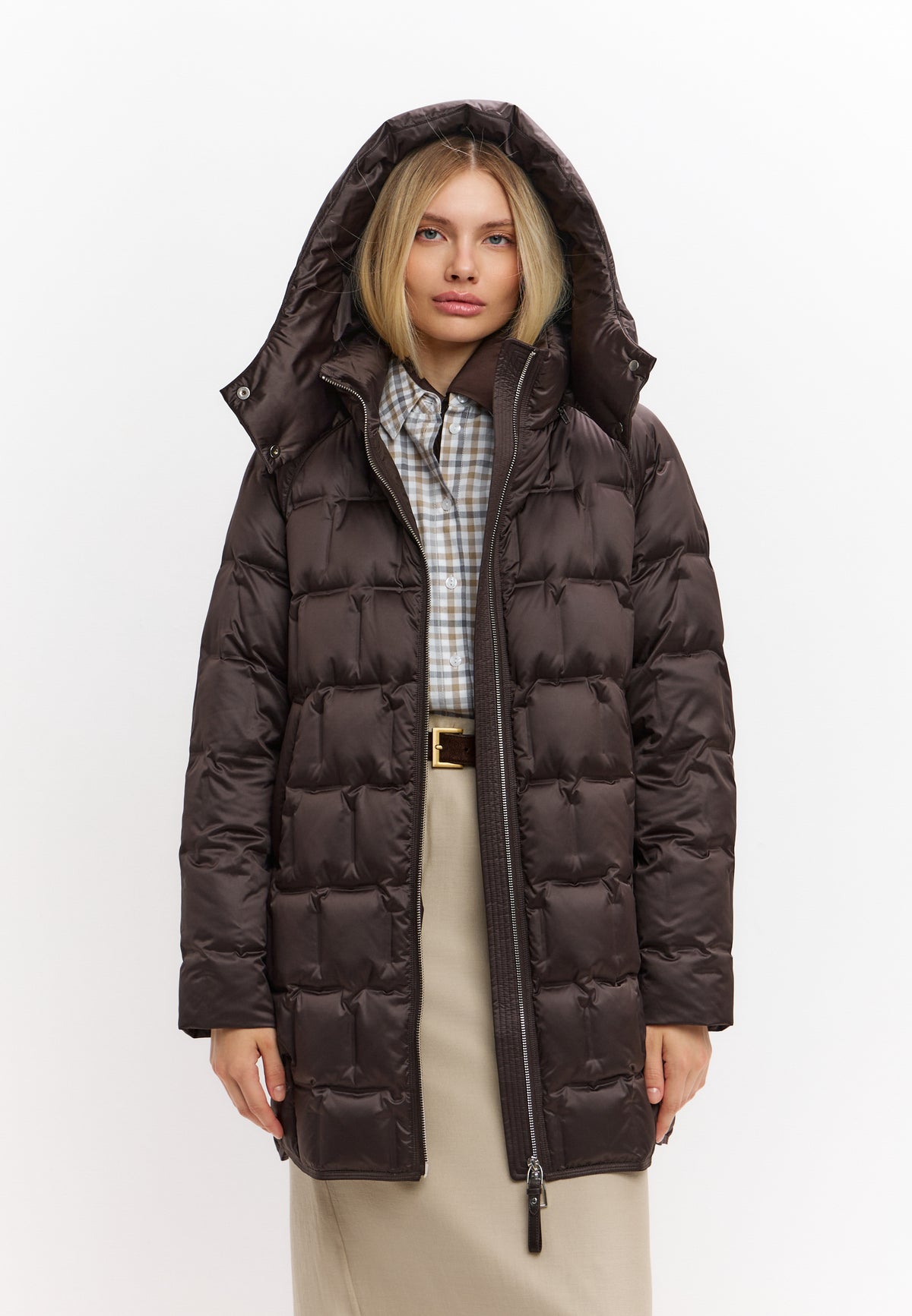 Hooded Mid-Length Down Puffer Coat - Brown
