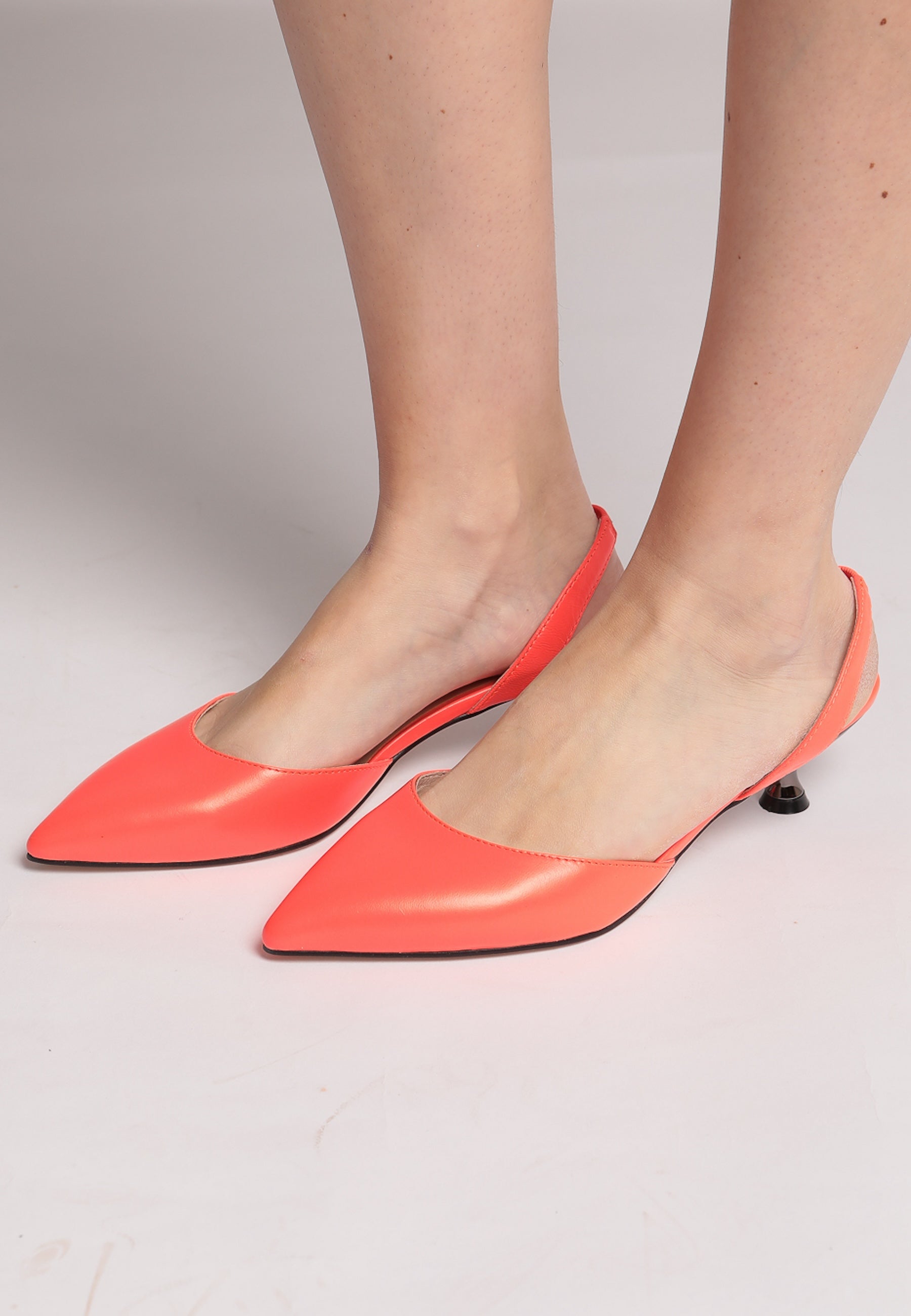 Leather Kitten Heel Sandals - Orange