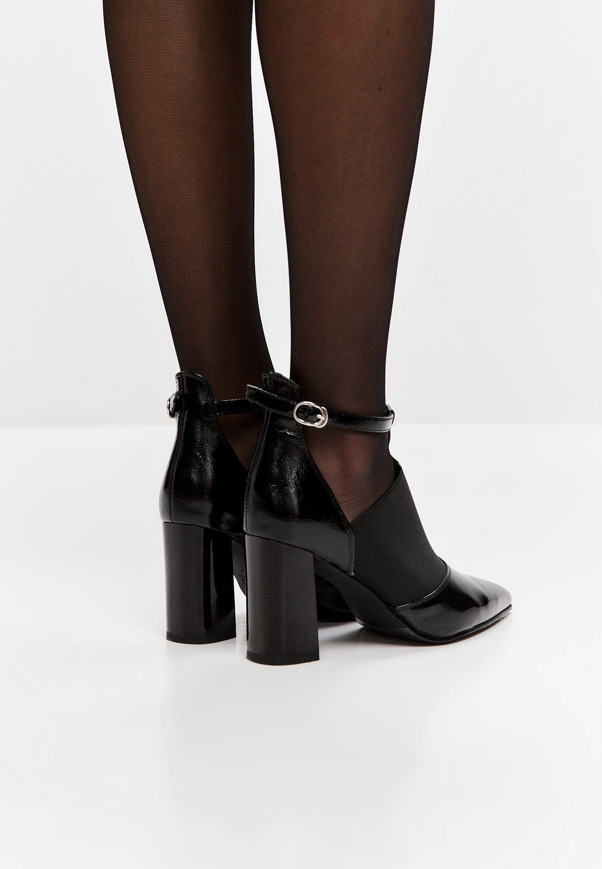 Elevated T-Strap Block Heels - Patent Black
