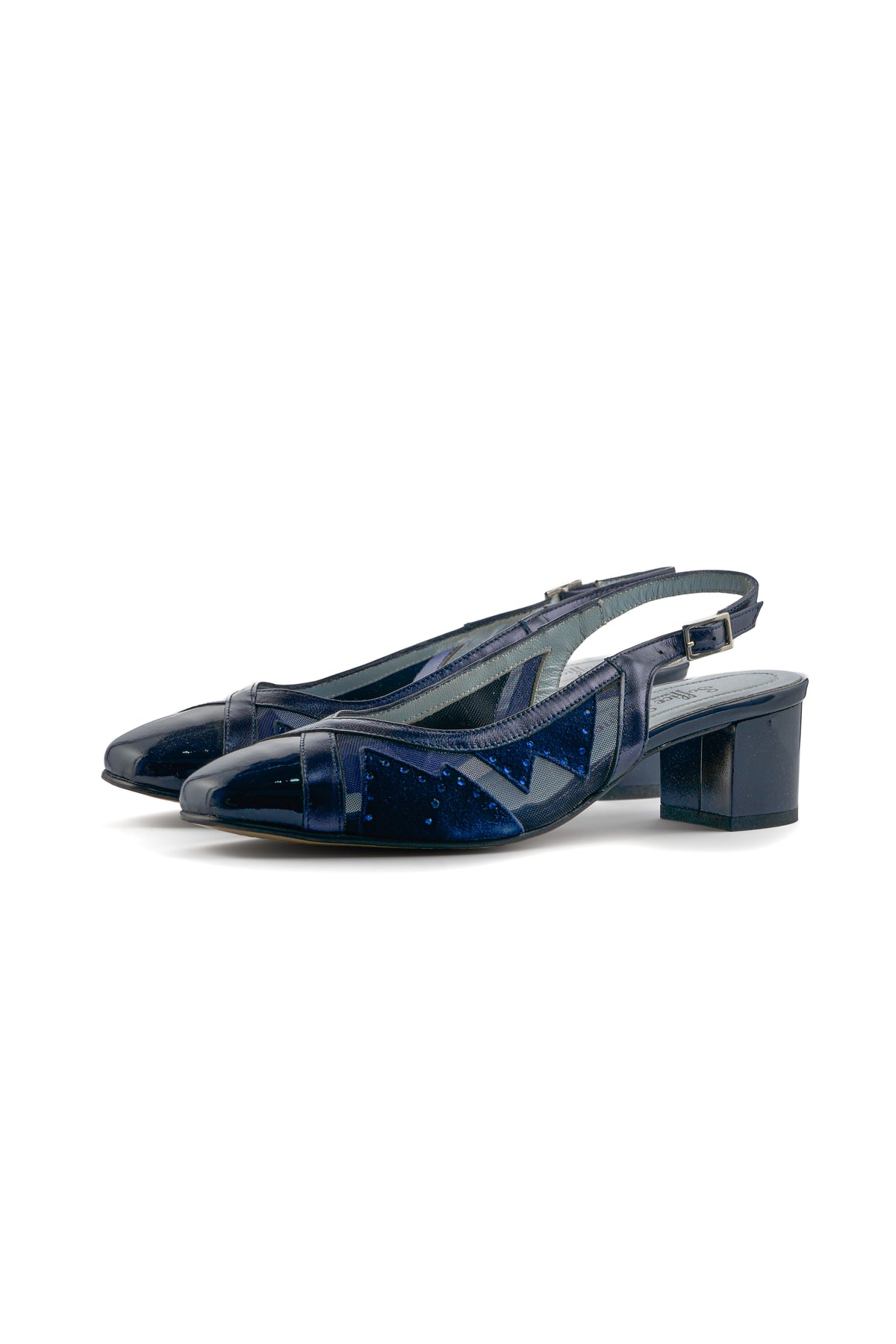 Patent & Mesh Slingback Pumps – Navy