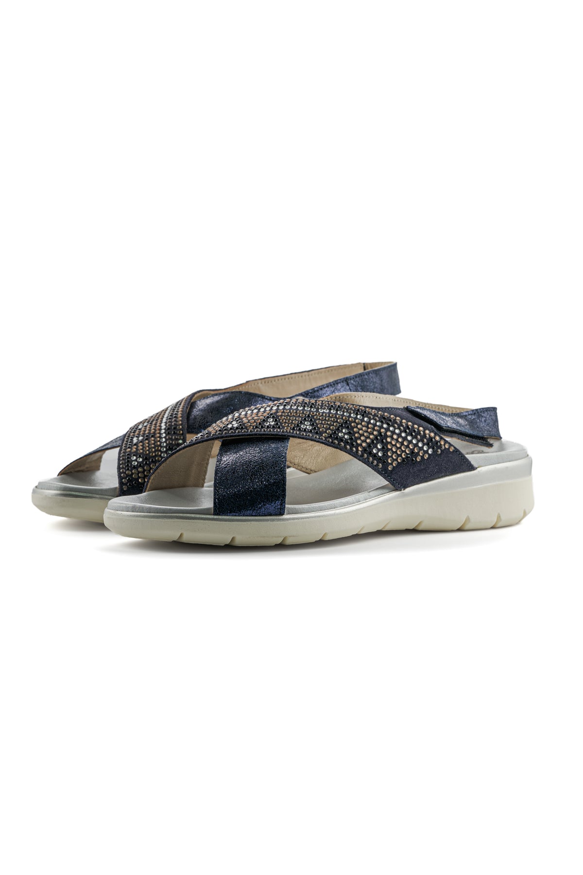 Leather Embellished Comfort Sandals – Navy