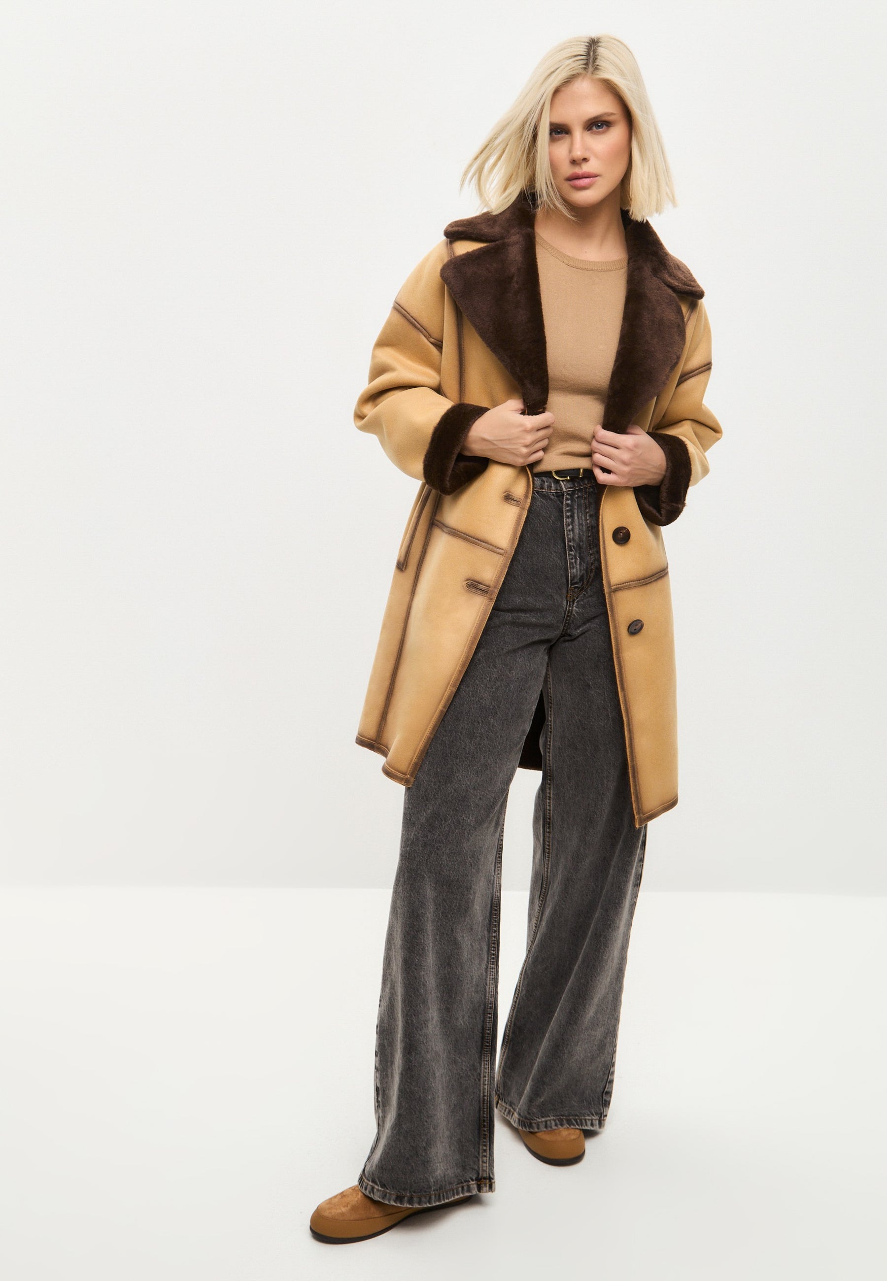 Faux Reversible Shearling Coat with Belt