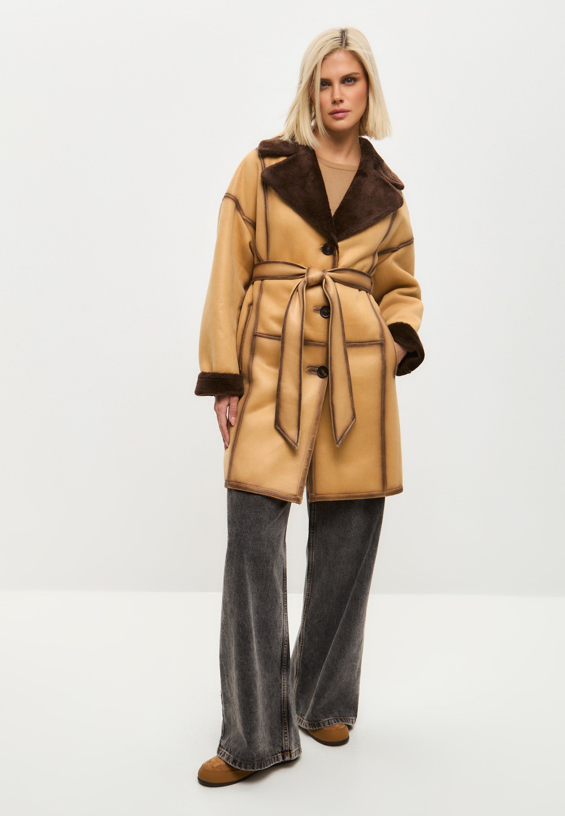 Faux Reversible Shearling Coat with Belt