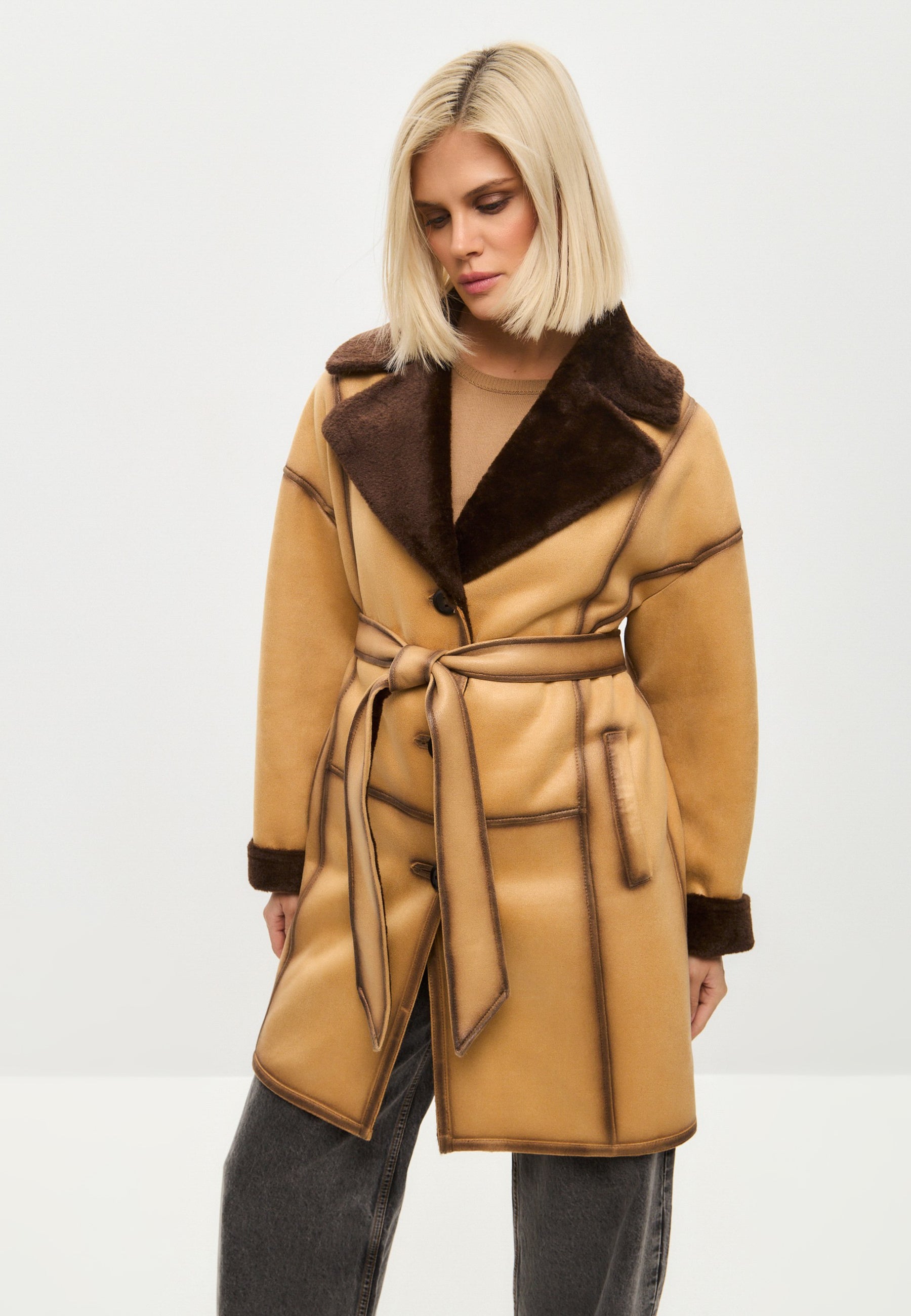 Faux Reversible Shearling Coat with Belt