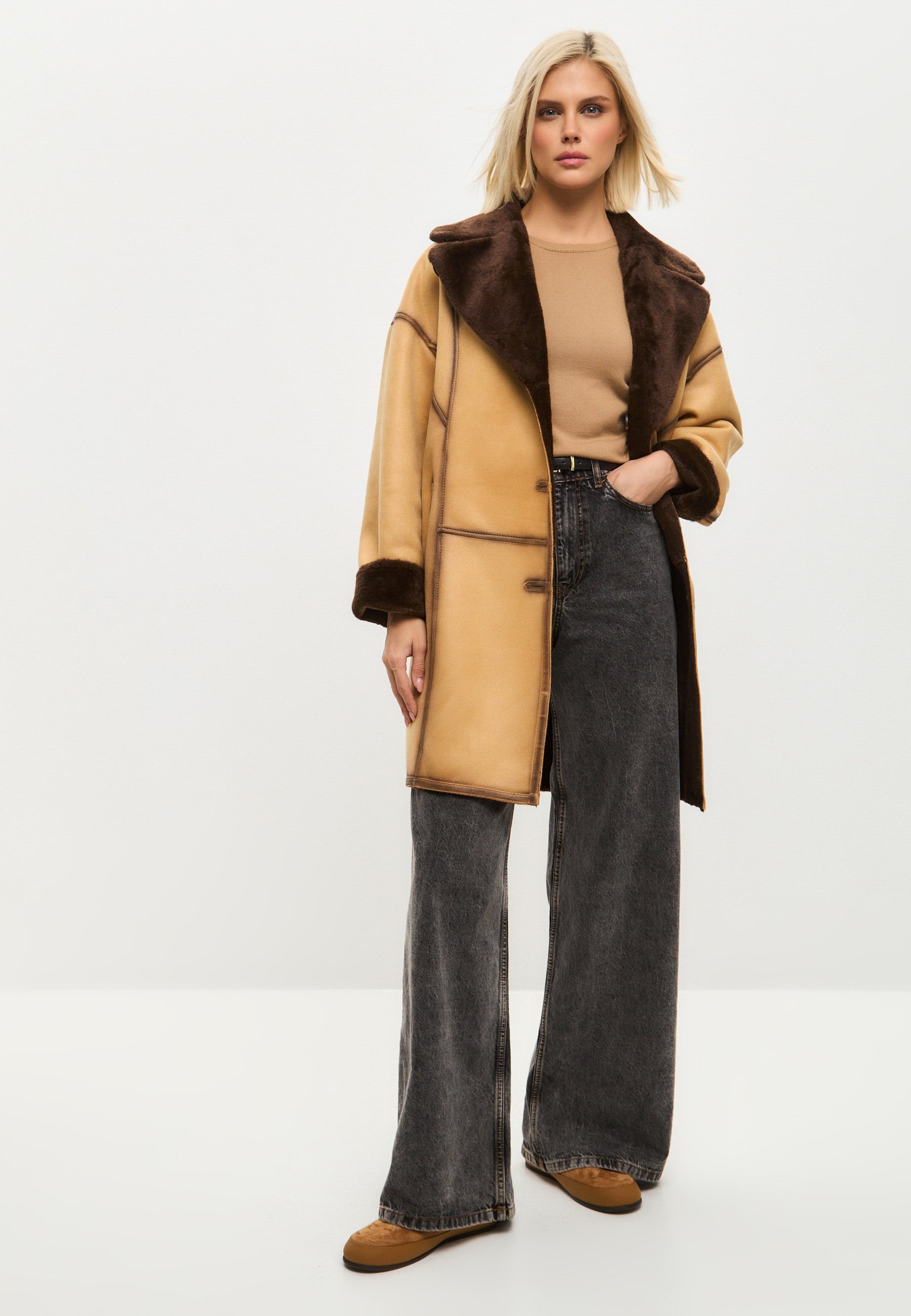 Faux Reversible Shearling Coat with Belt