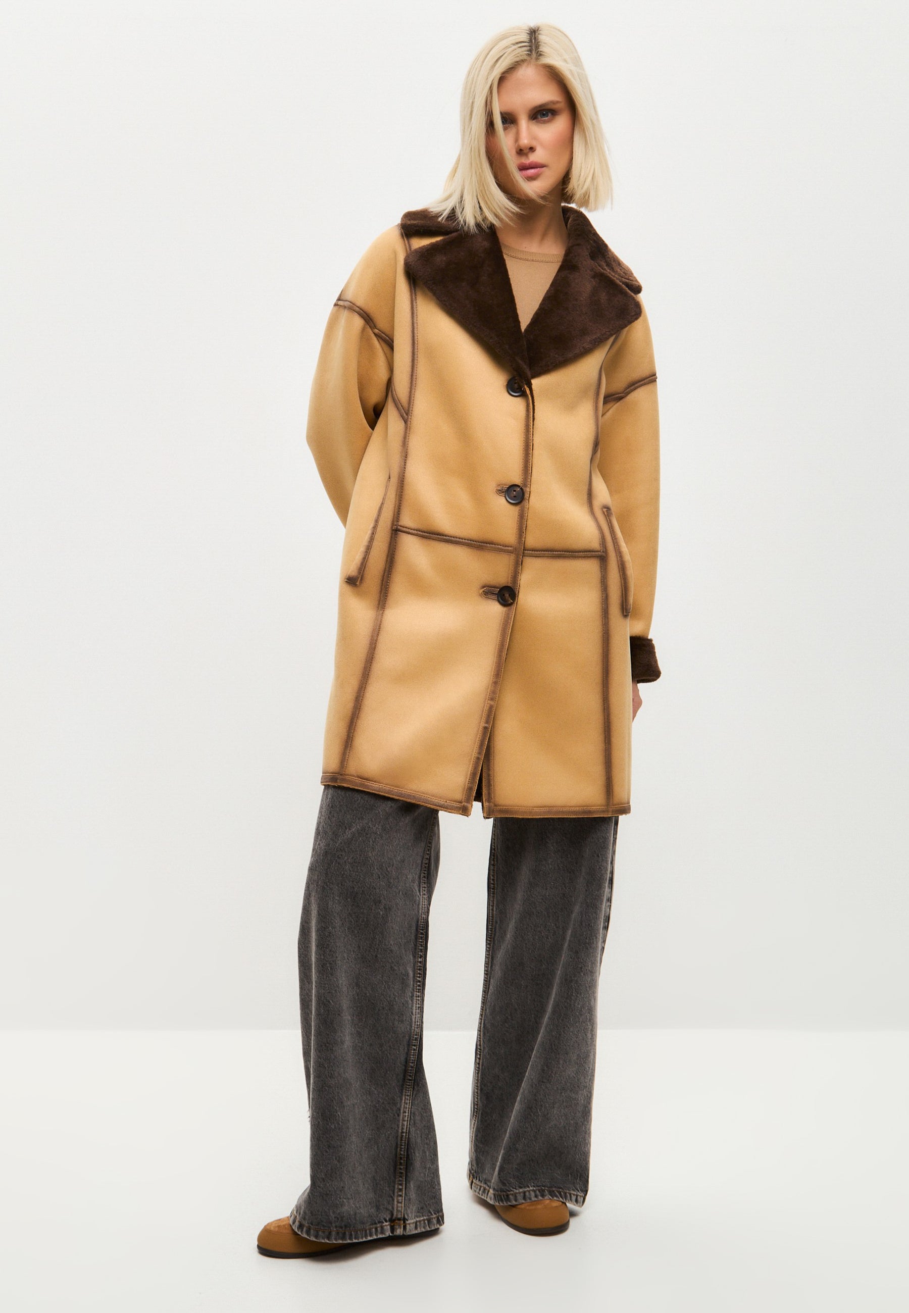 Faux Reversible Shearling Coat with Belt