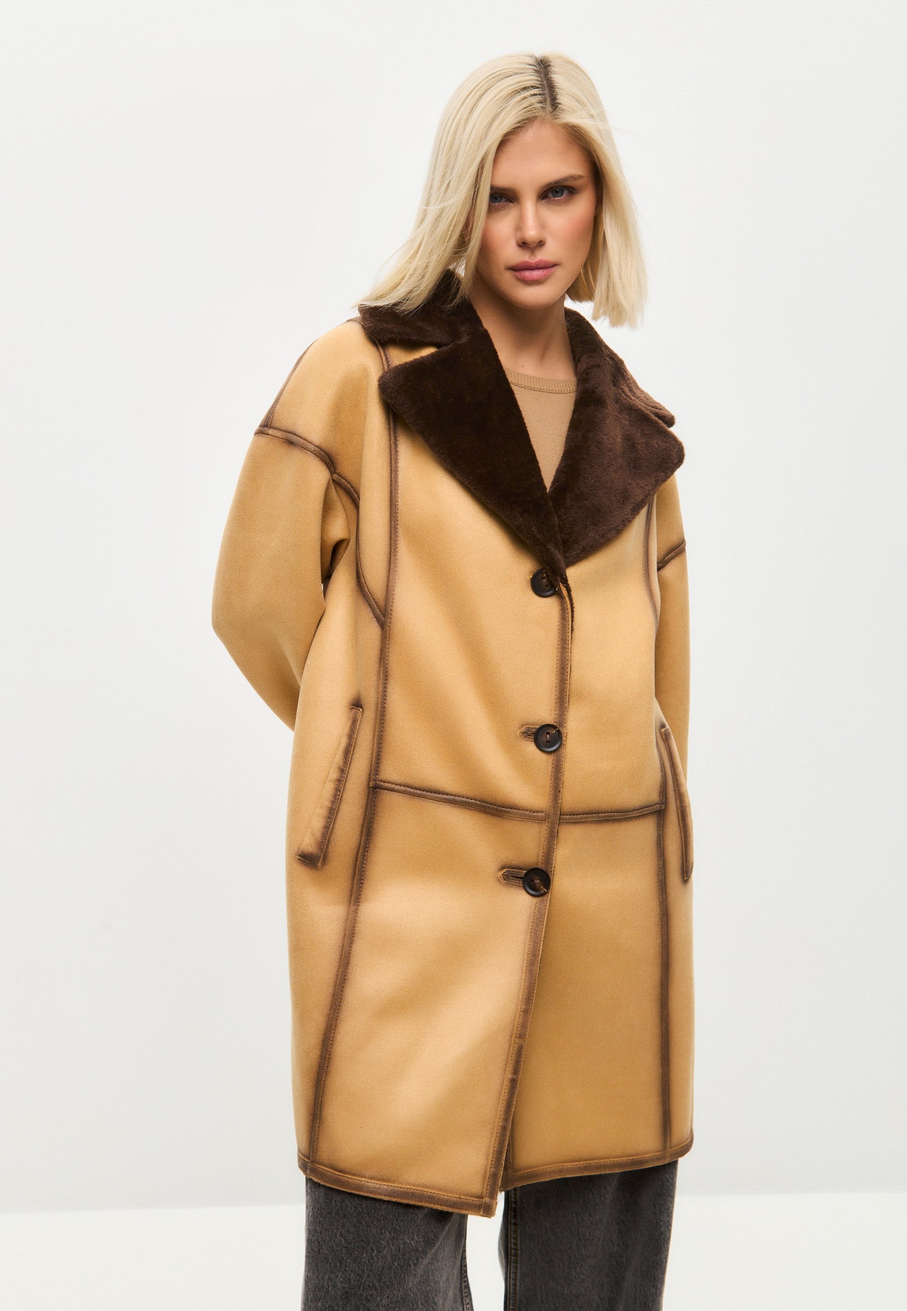 Faux Reversible Shearling Coat with Belt